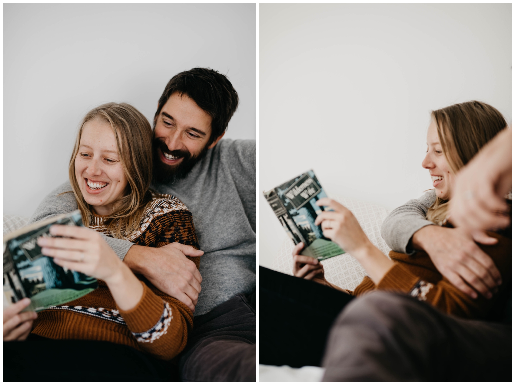 Michigan Couples Session. Couple laying on bed reading