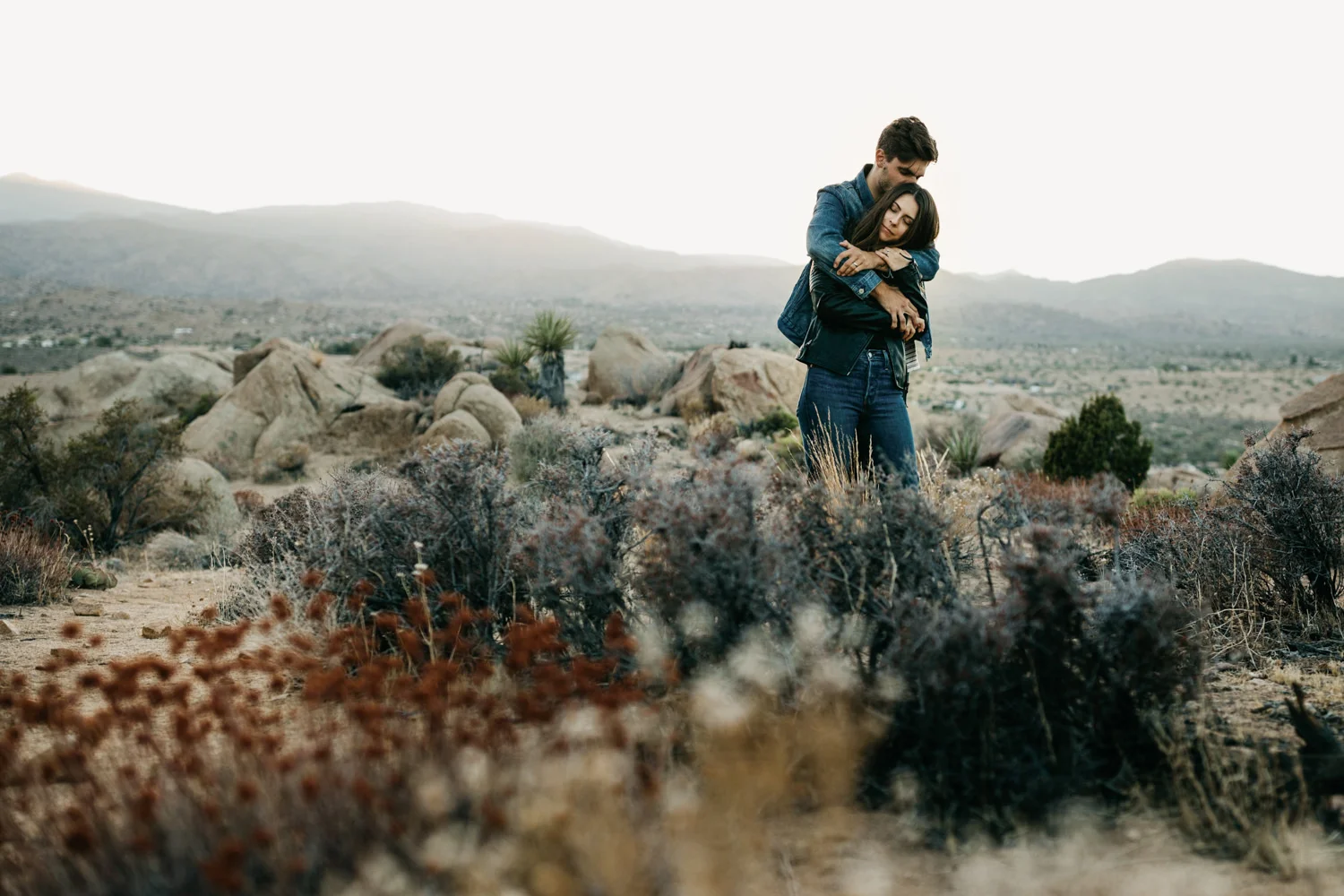 couple hugging in Joshua Tree California