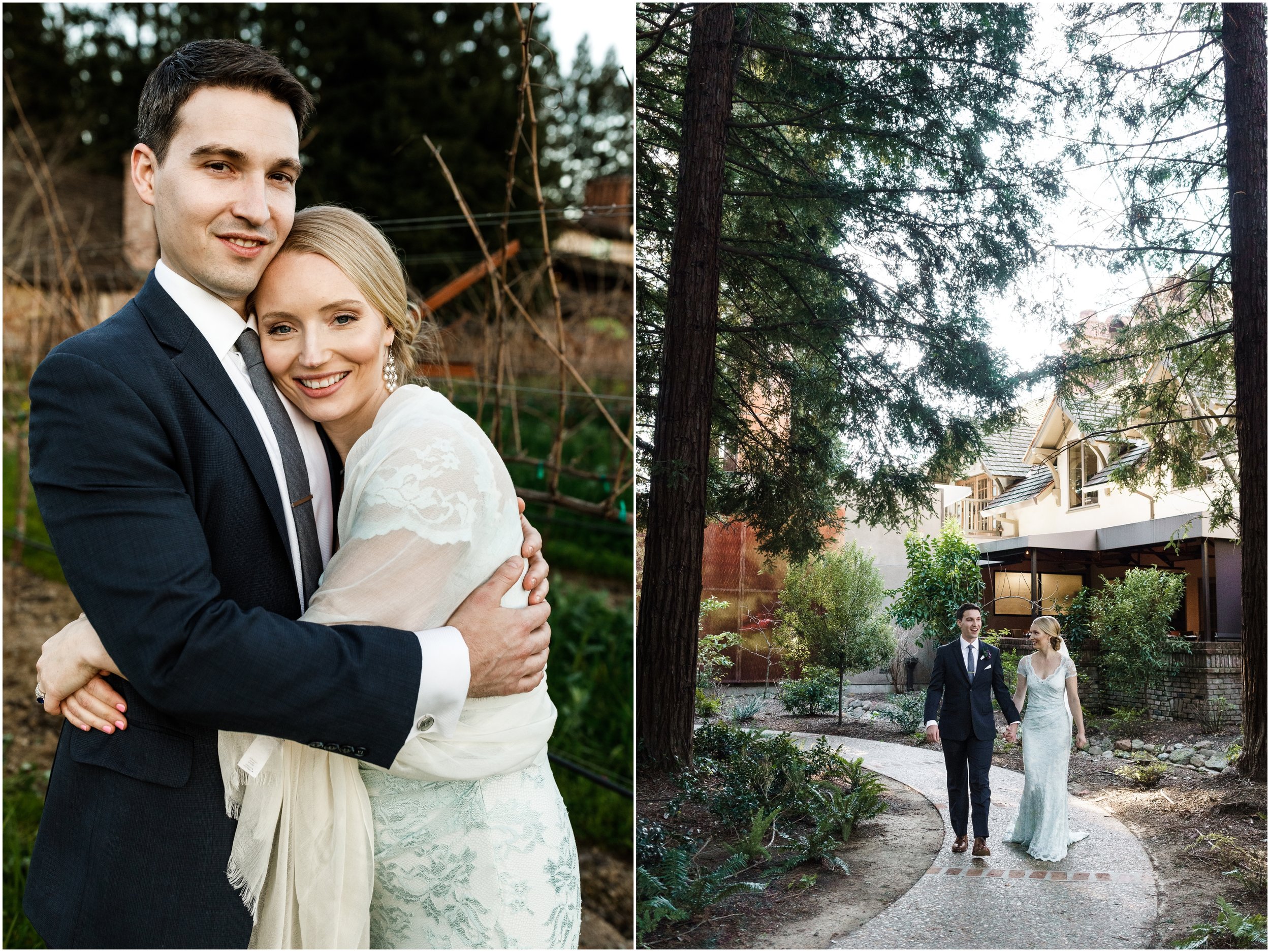 bride and groom posing in a vineyard at the Harvest Inn