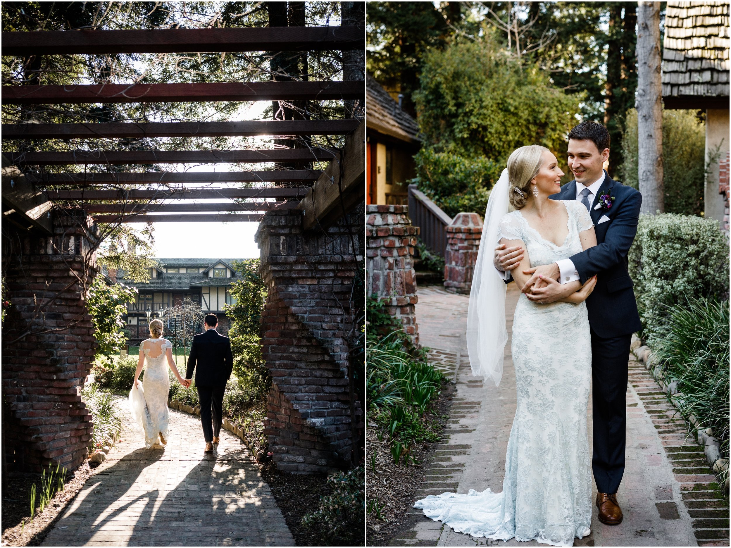 bride and groom walking through the Harvest Inn in Napa Valley