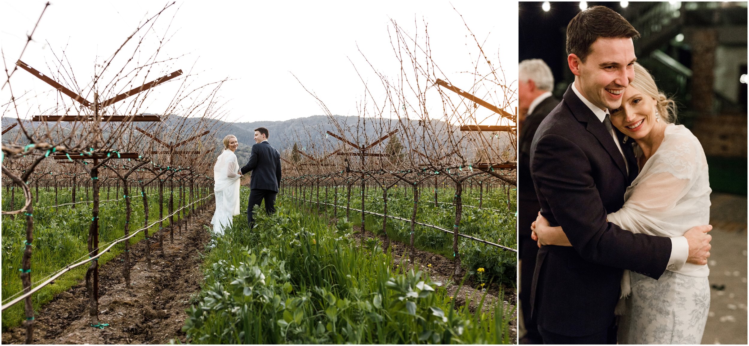 bride and groom walking through vineyard at the Harvest Inn