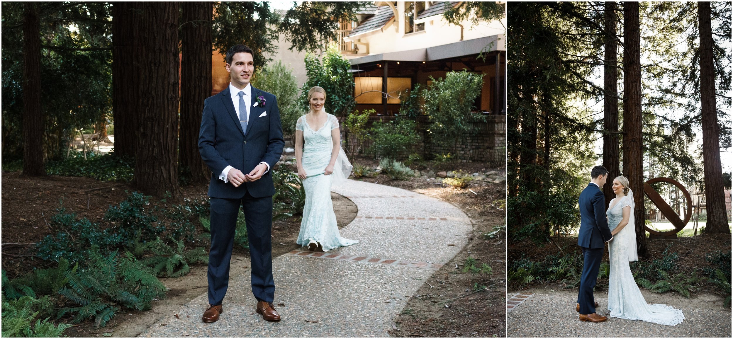 bride and groom's first look at the Harvest Inn in Napa Valley