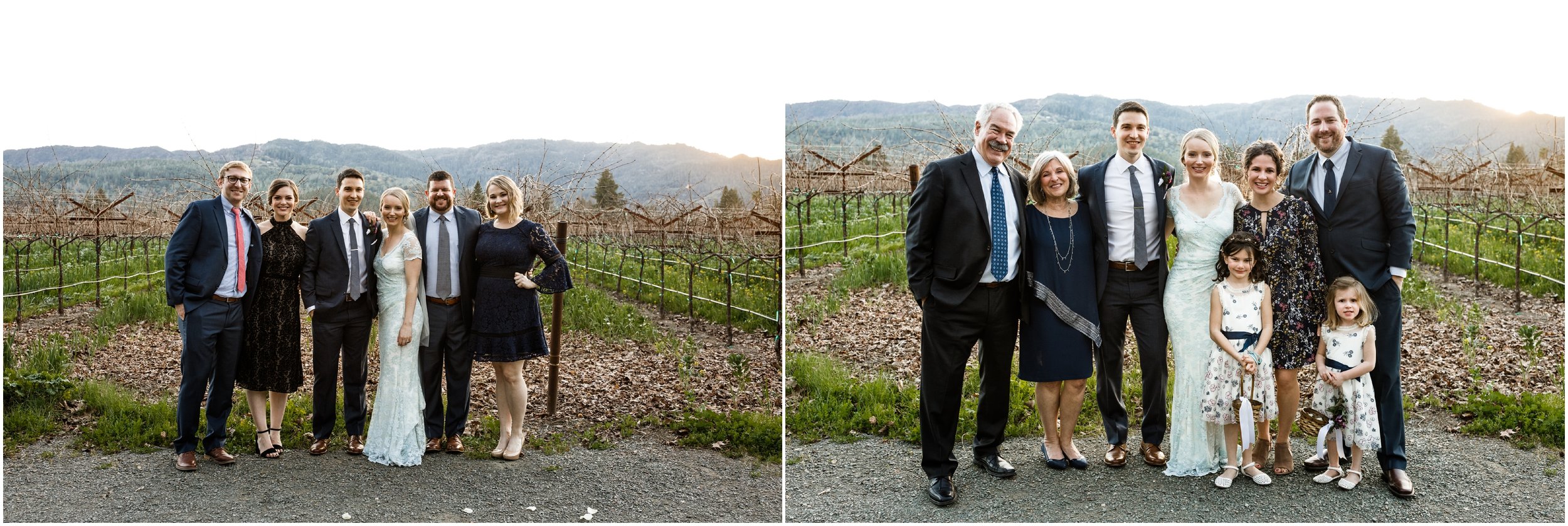 family posing at the Harvest Inn with vineyard and mountains in the background