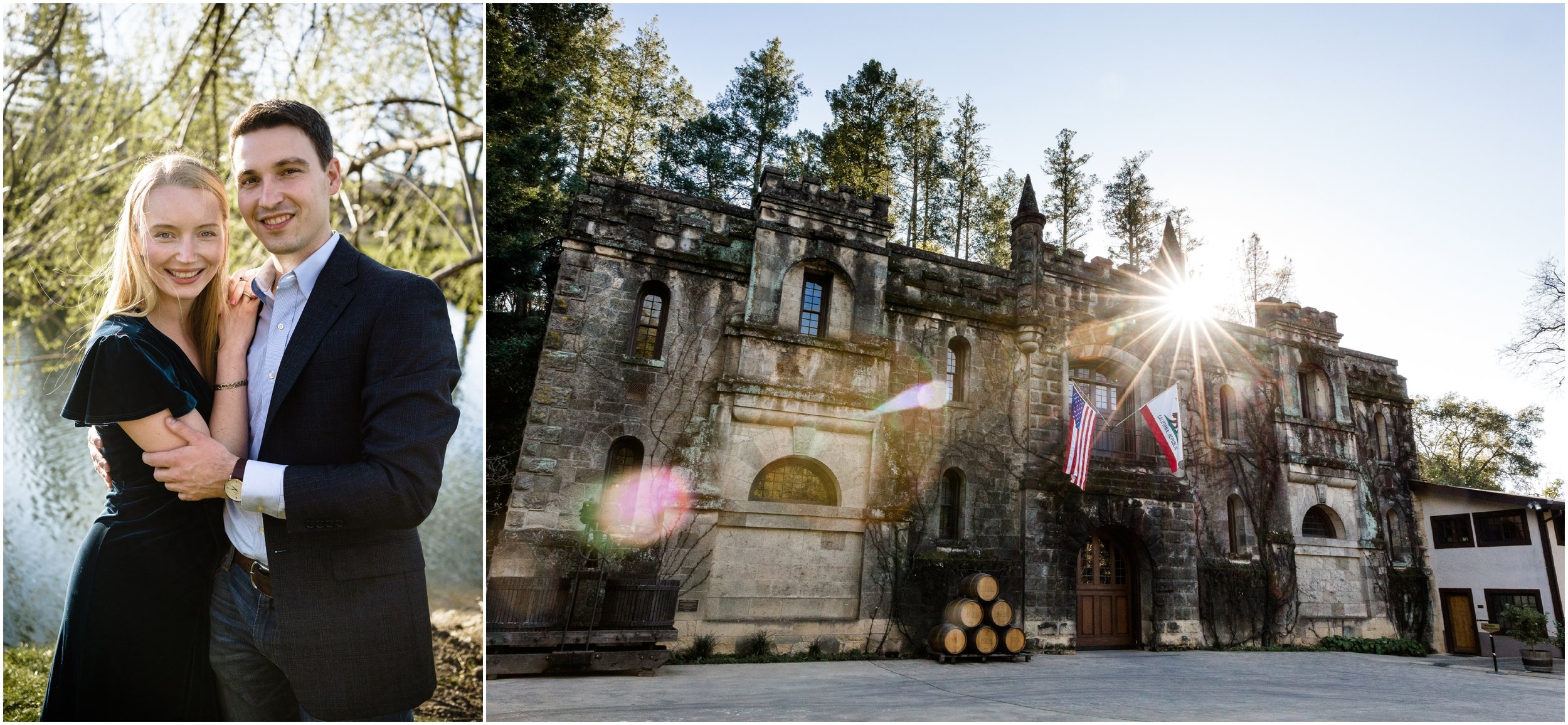 couple posing at Chateau Montelena in Napa Valley