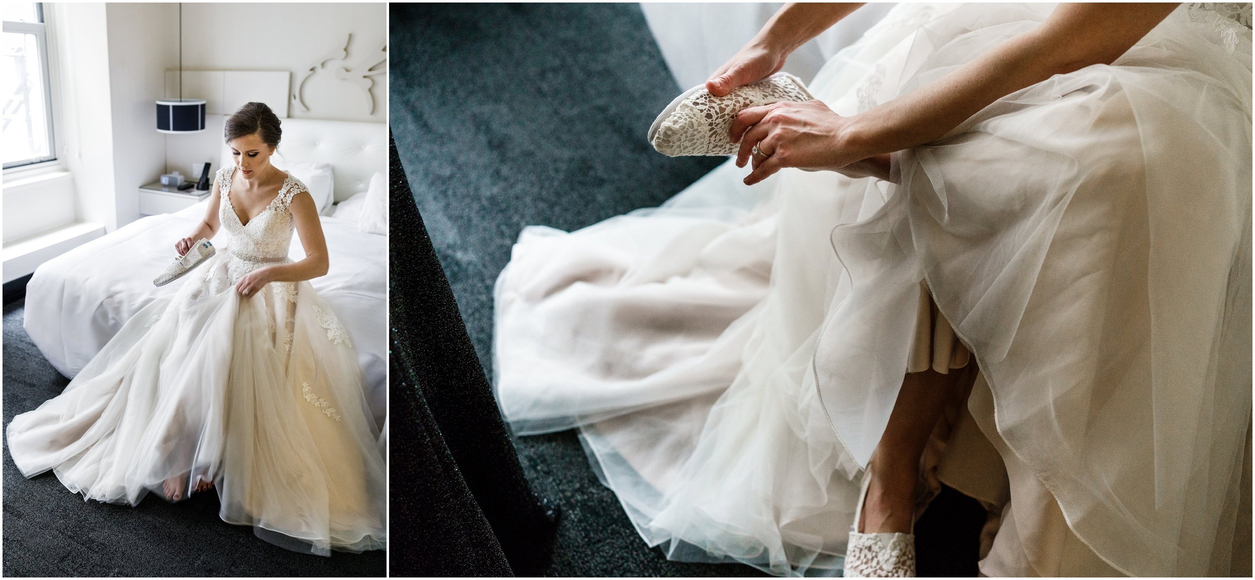 bride at W hotel putting on her wedding shoes