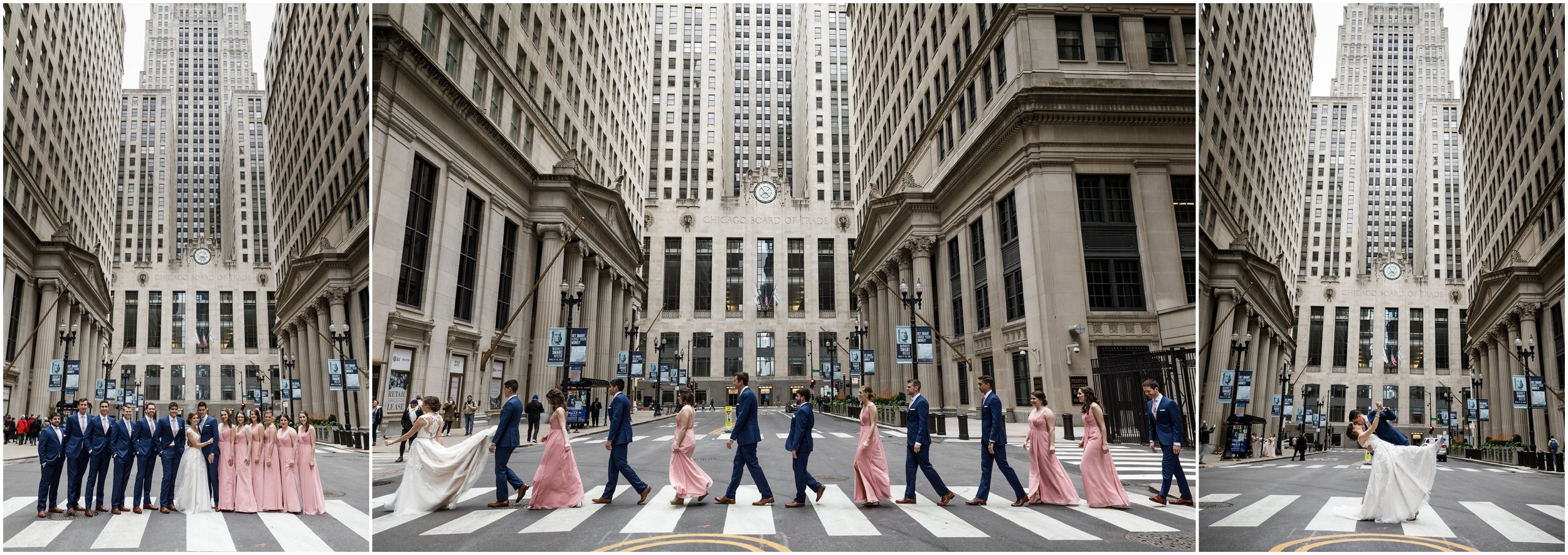 wedding party posing in front of the Chicago Board of Trade