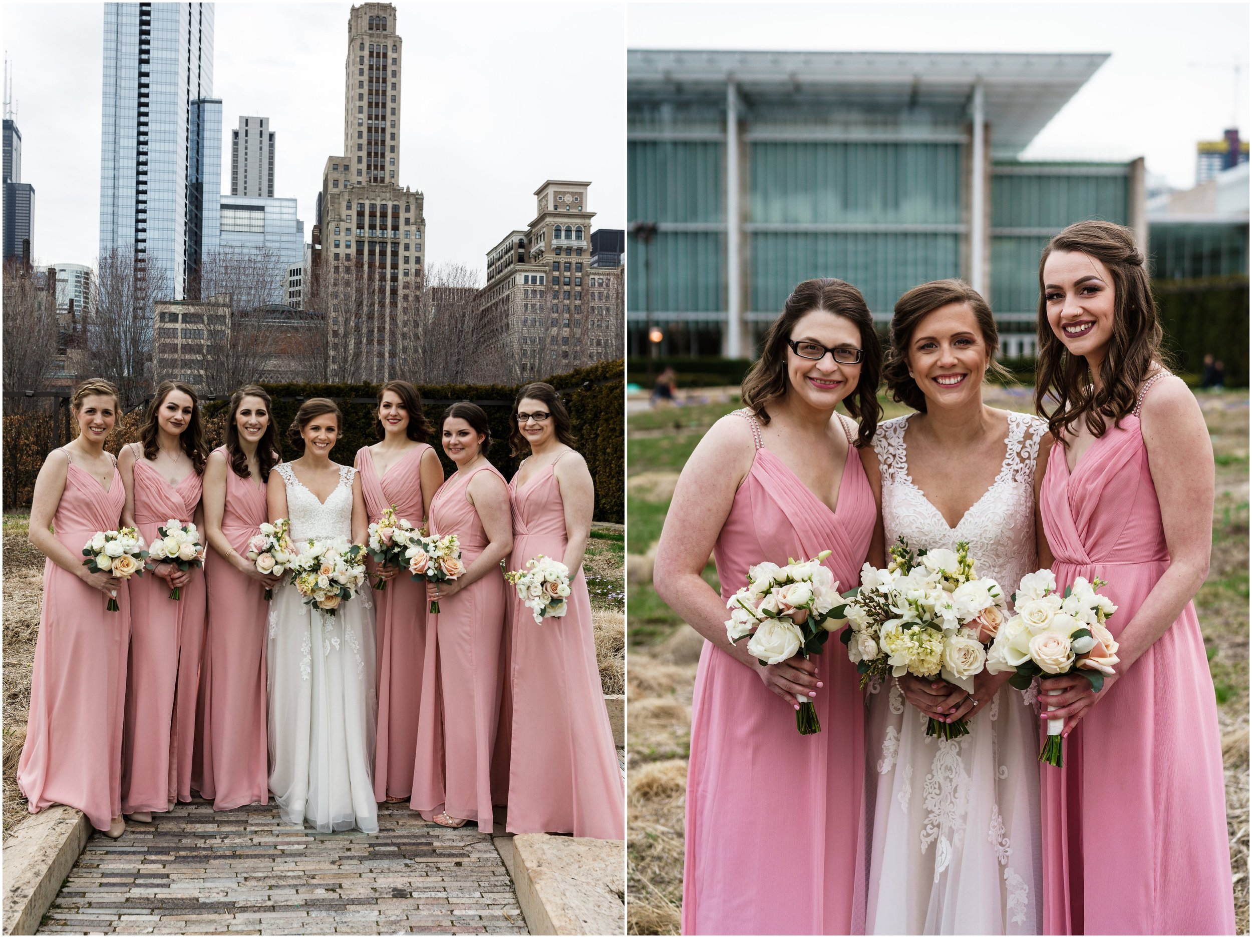 bridal party posing in Millennium park's Lurie garden