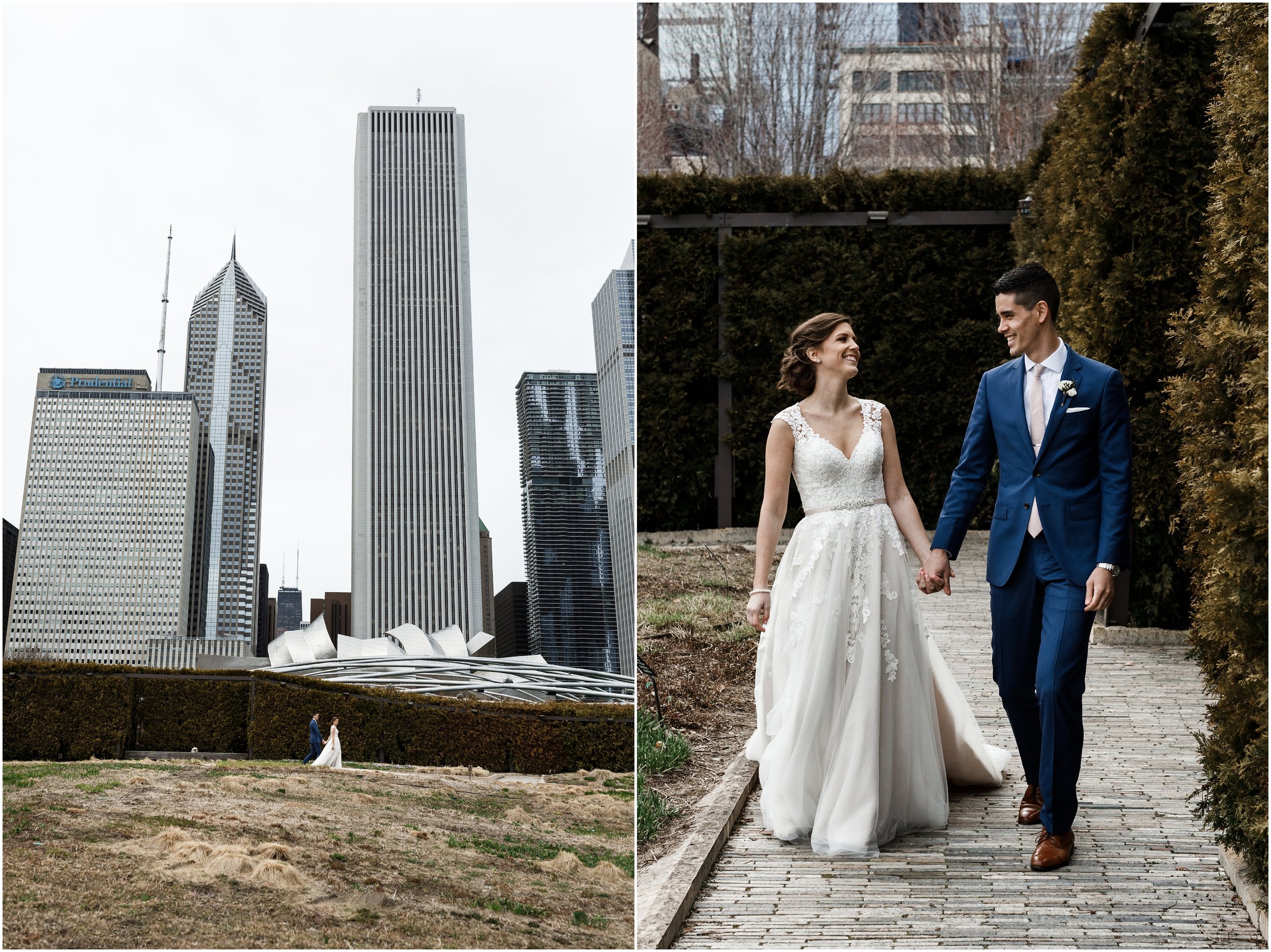 bride and groom walking in Millennium park's Lurie garden