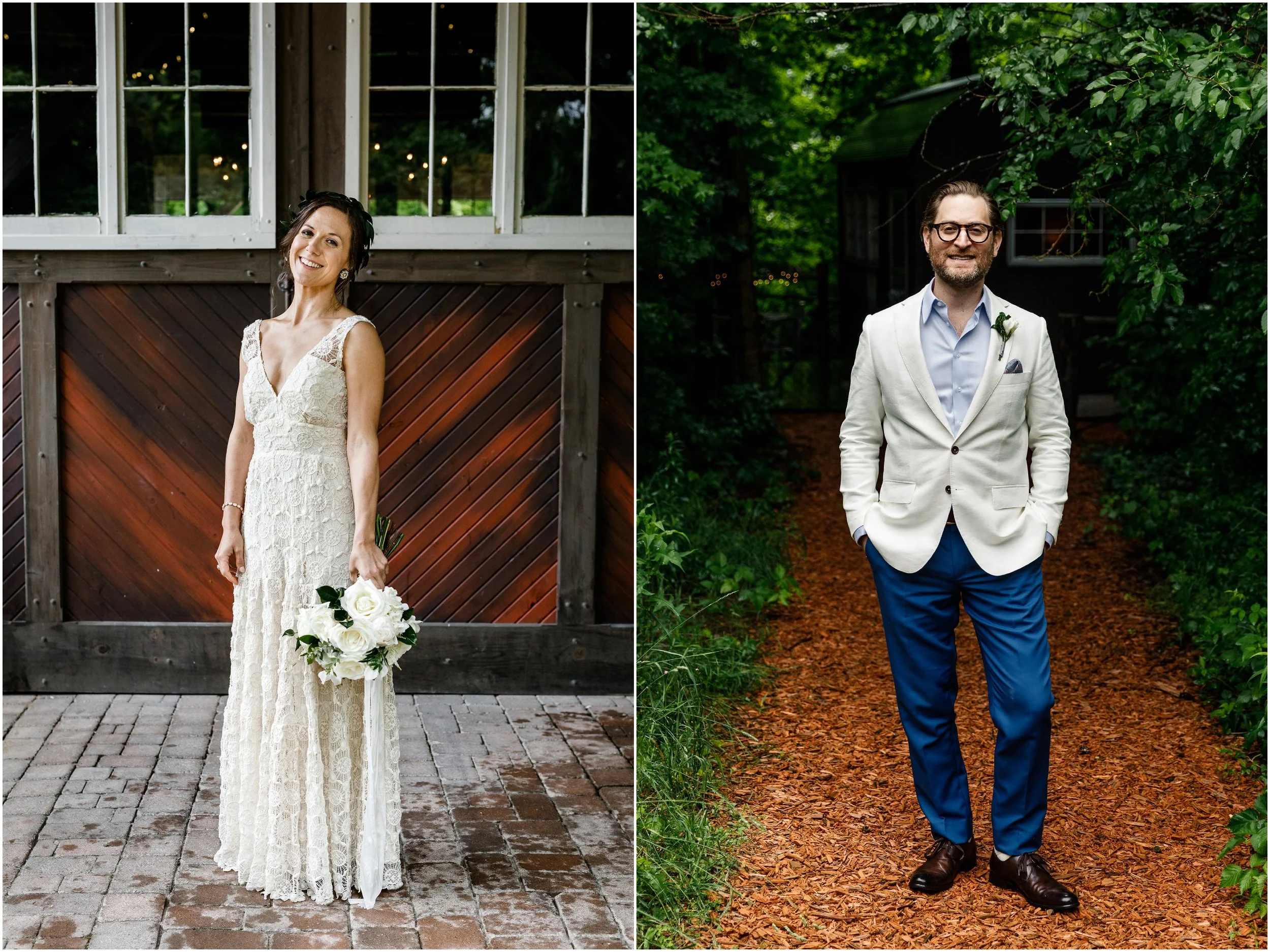 bride posing with bouquet in front of barn