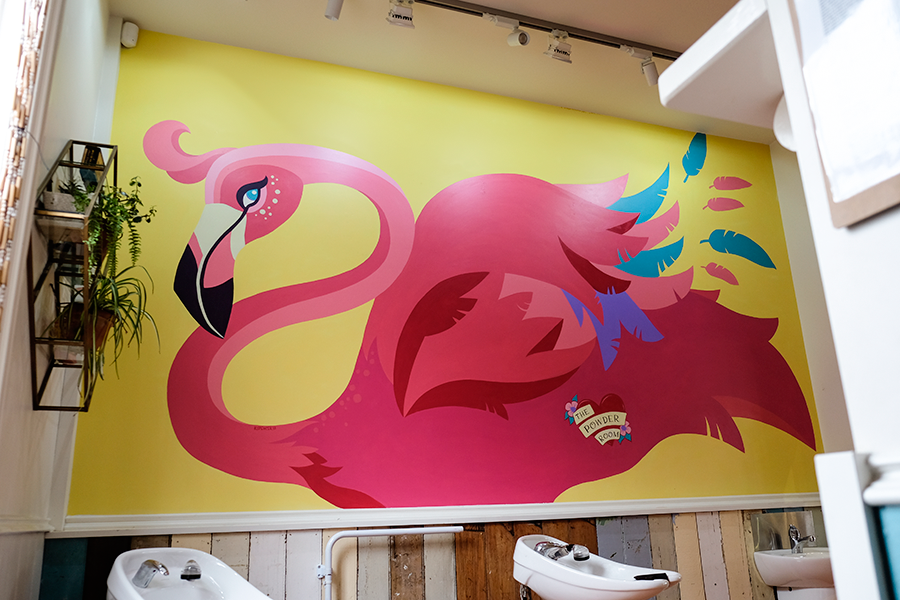 Flamingo mural powder room