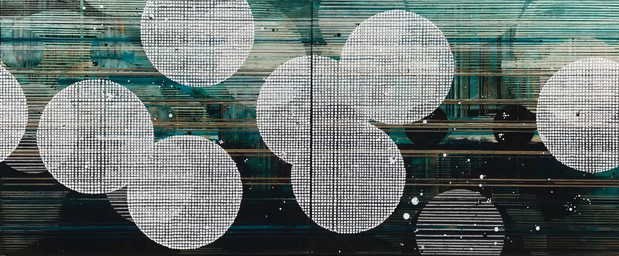 The sky was lit by the splendor of the moon / Lantern Series / 2018 / Diptych, 20"h x 48"w x 2"d / Painting and collage on panel, unframed / Title from: Rumi