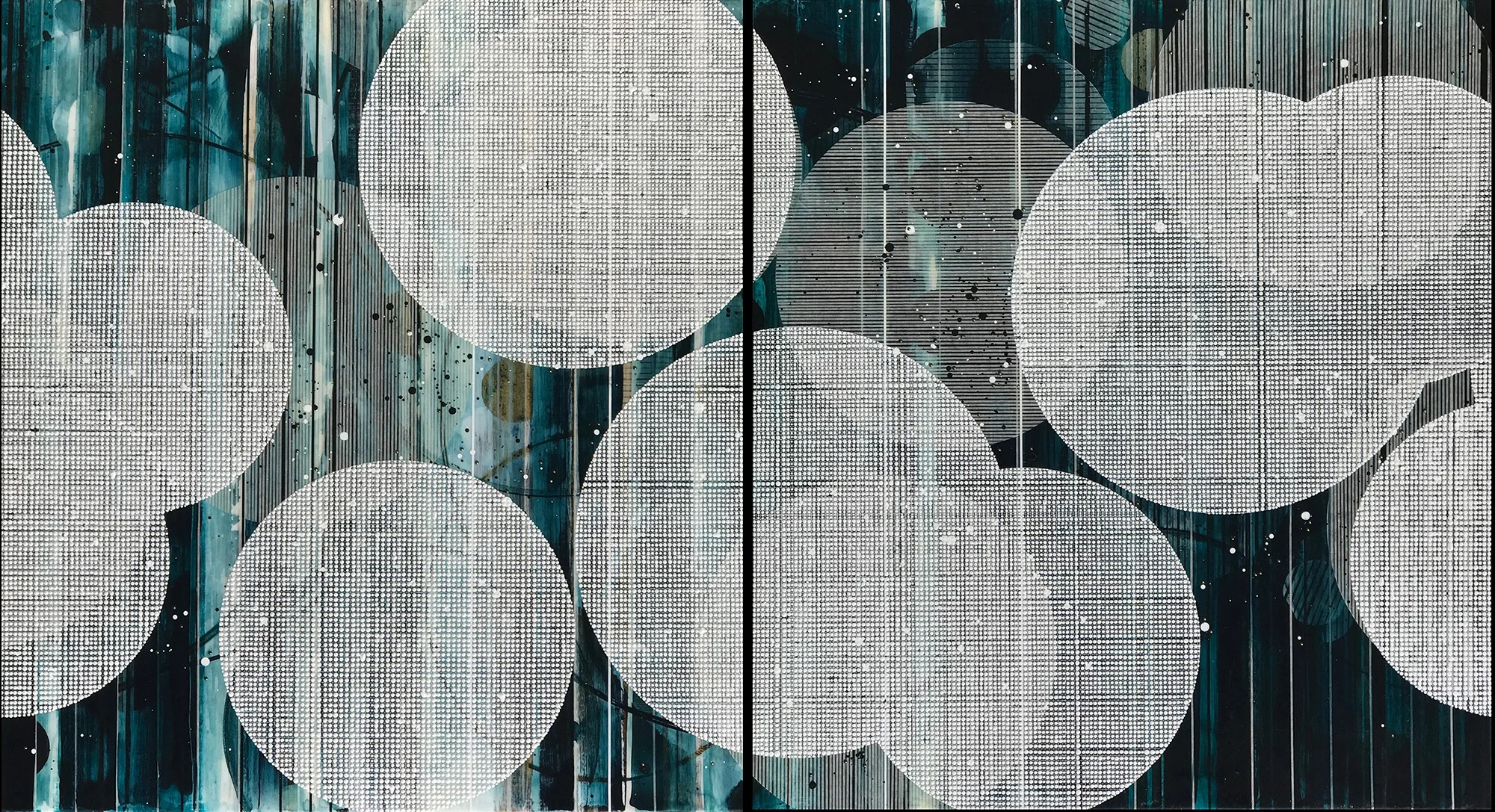 Into the blue again / Lantern Series / 2018 / Diptych, 76’h x 42”w x 1.75”d / Painting and collage on panel / Unframed with bare wood edge / Title from: The Talking Heads / Private collection