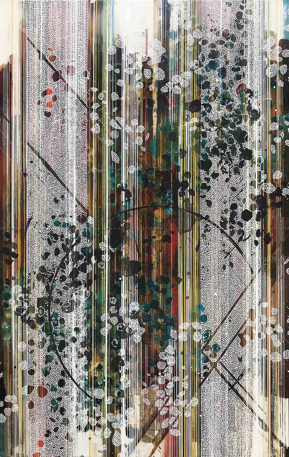 Love is the whole thing, we are only pieces / Botanical Series / 2019 / 72"h x 46"w / Acrylic, ink, charcoal, graphite, pen, paper and brass on panel / Unframed with bare wood edge / Title from: Rumi