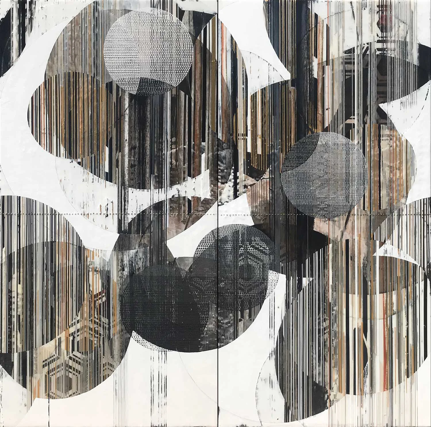 Softly soaring through my atmosphere / Lantern Series 60"h x 60"w x 2”d combined / Acrylic, ink, charcoal, graphite, pen, paper, canvas and brass on panel / Unframed / Title from: Death Cab For Cutie