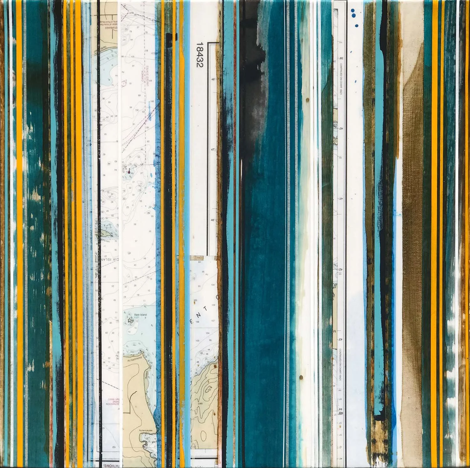 Boundary Pass / Marine and Chrome Orange / Mapping Series / 2019 / 20”h x 20” w x 1.5”d / Vintage nautical maps, paper collage and ink on canvas / Unframed with collaged and painted edge