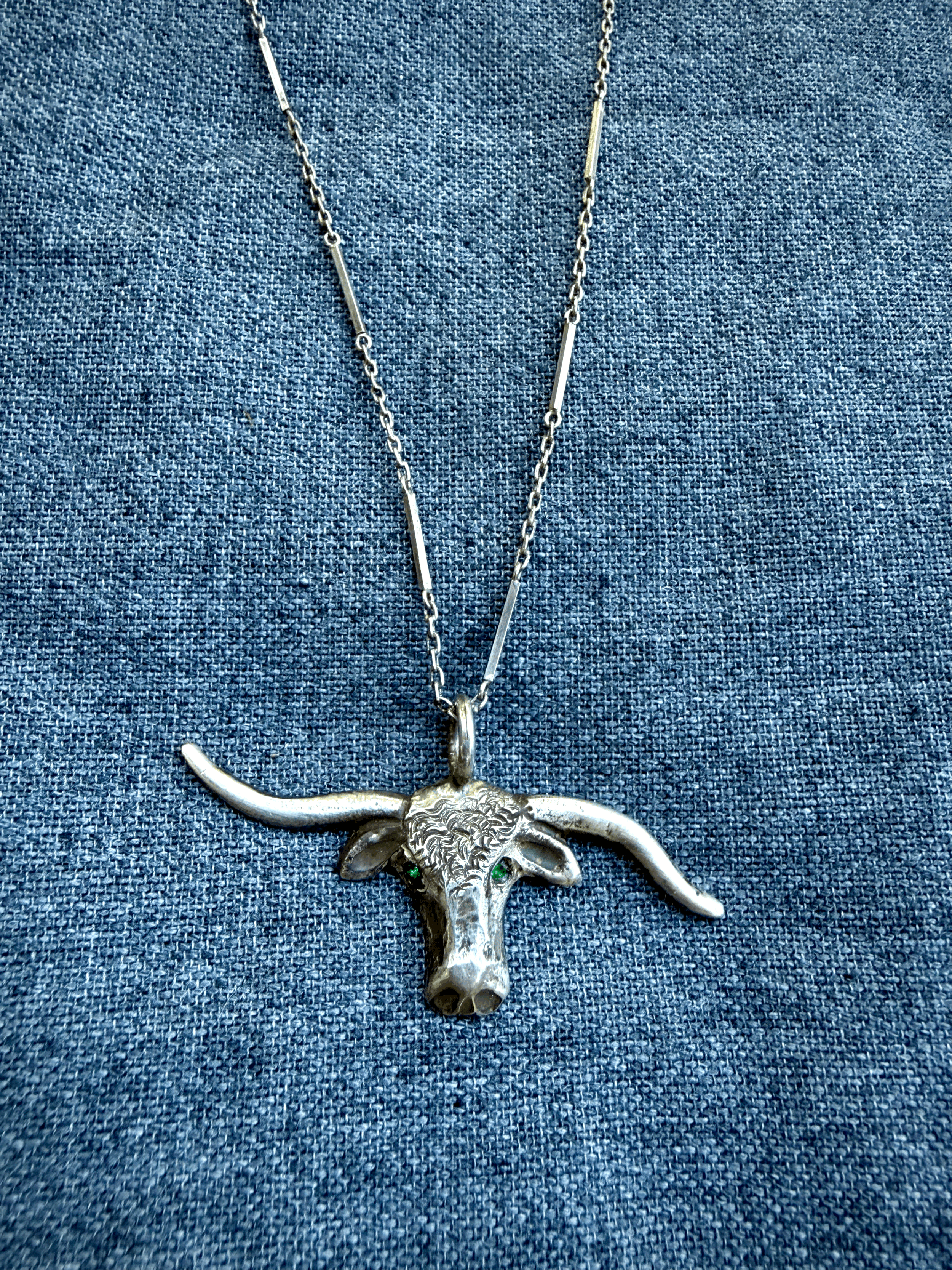 Vintage Sterling Crooked Horn Longhorn steer pendant necklace with emerald eyes
