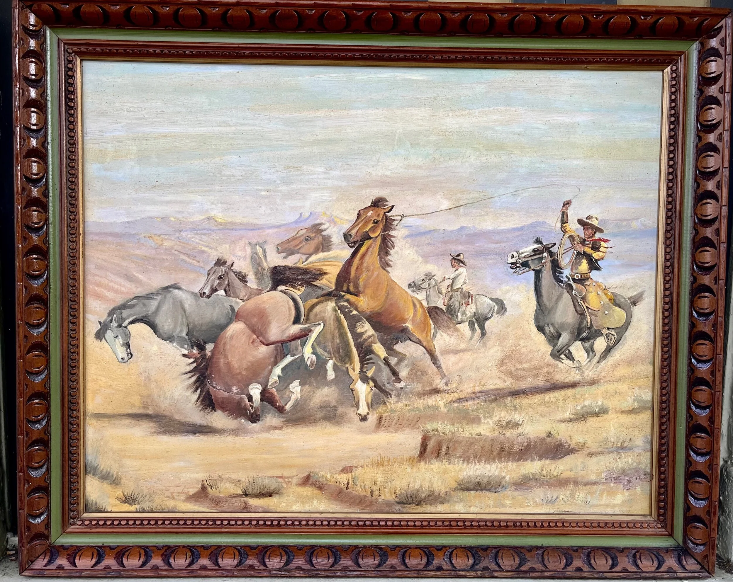 Vintage Framed Oil Painting of Cowboys Roping Wild Mustangs