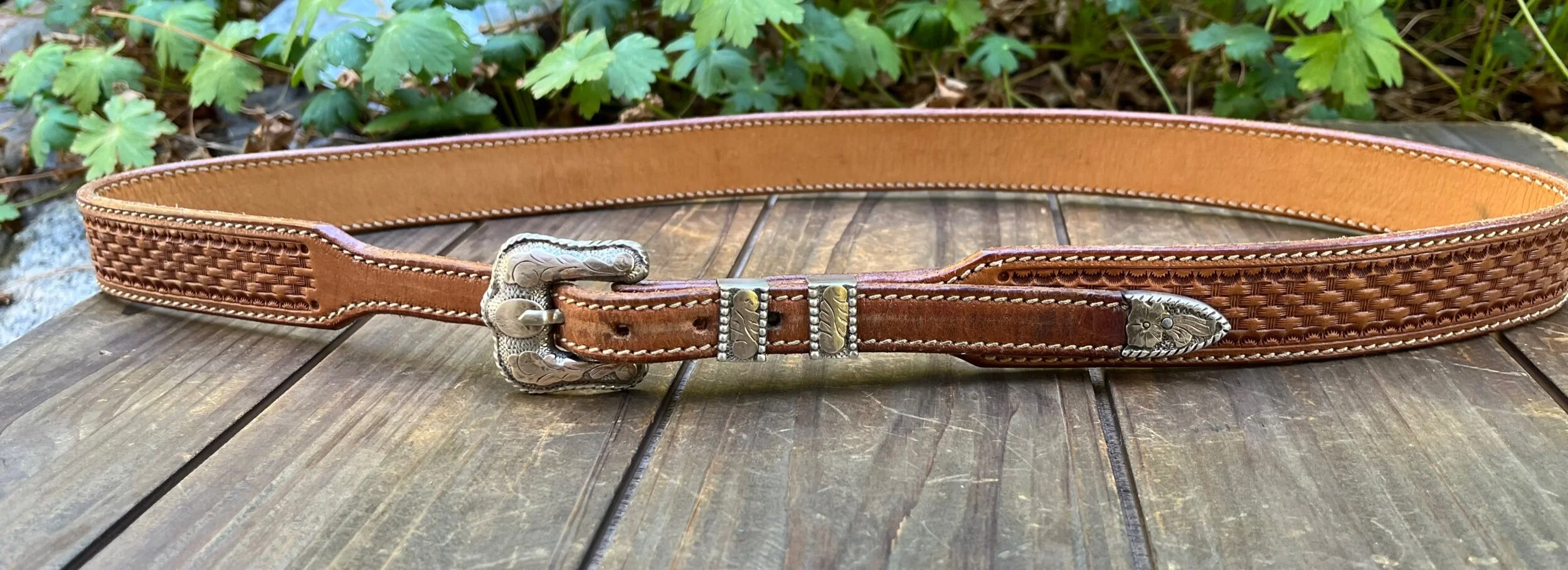 Vintage Brown Leather Belt with Ornate Silver Buckle B853 - Cognac Vintage Tooled Belt - Double J Saddlery main image 2