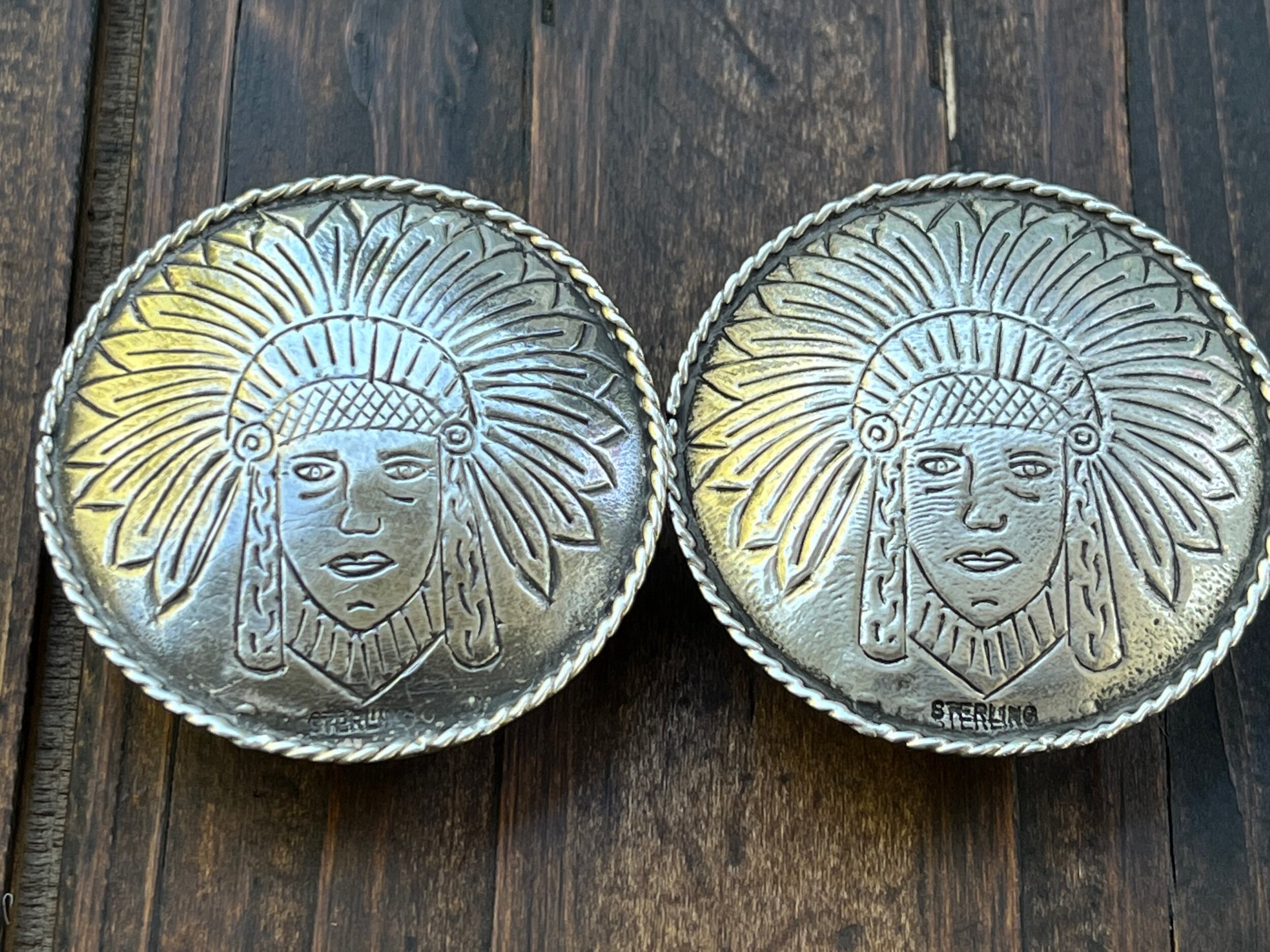 Vintage Indian w/ Feathered Headdress Solid Silver Bridle Conchos