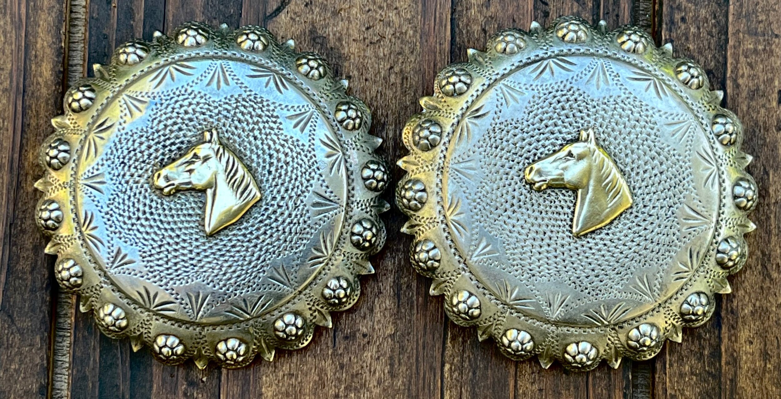 Extra Large 1940's Sterling Bridle/Spur Conchos w/ 10k Horse Heads