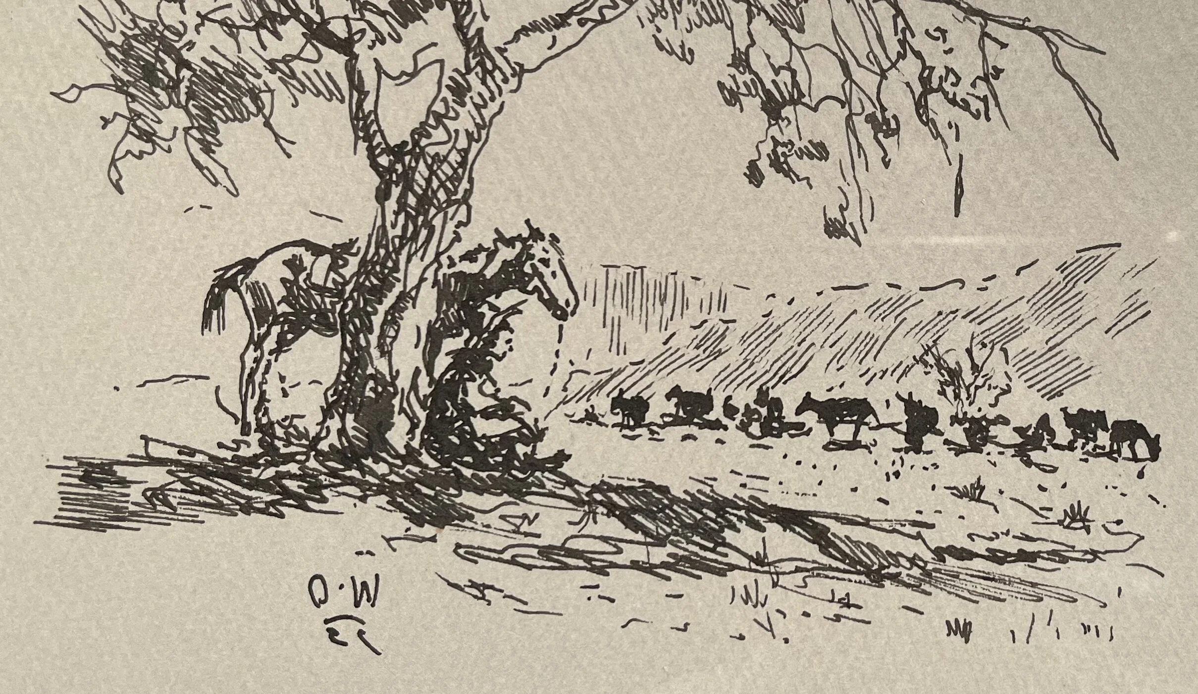 1950's Olaf Wieghorst Original Pen & Ink Cowboy Under Tree Framed Artwork