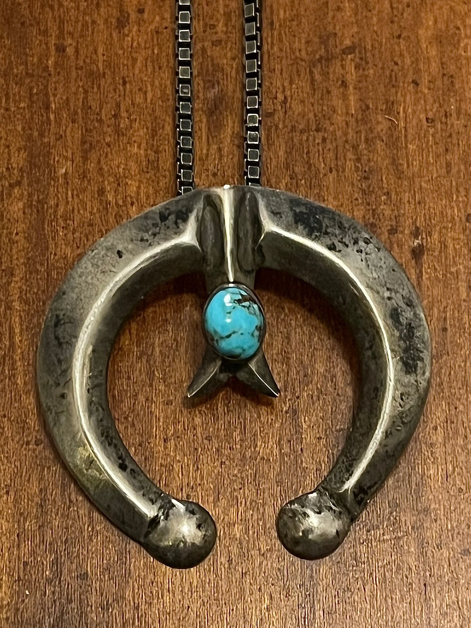 Antique Navajo Sand Cast Sterling Silver Naja w/ Turquoise Center