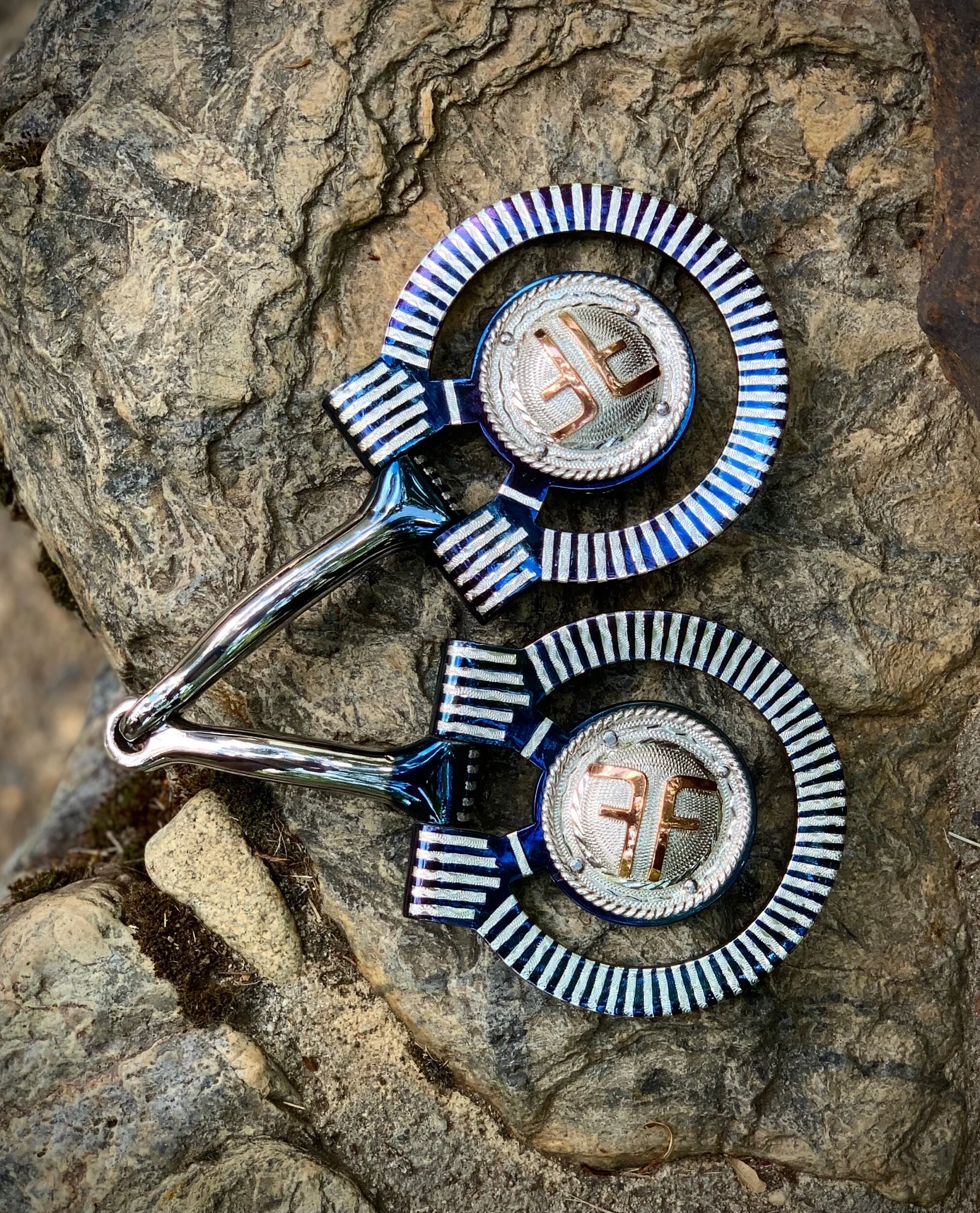 Custom Snaffle bit with sterling silver conchos, sterling silver striped rings