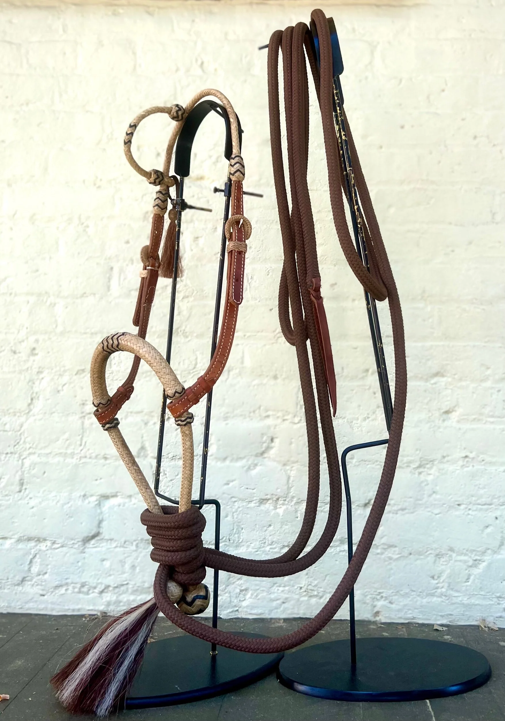 Full rawhide California hackamore set up with braided bosal, leather hanger and paracord mecate