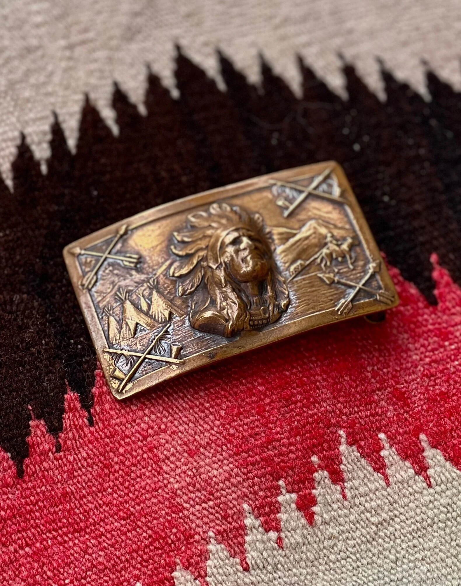 Antique Indian Chief with Warbonnet Brass Belt Buckle
