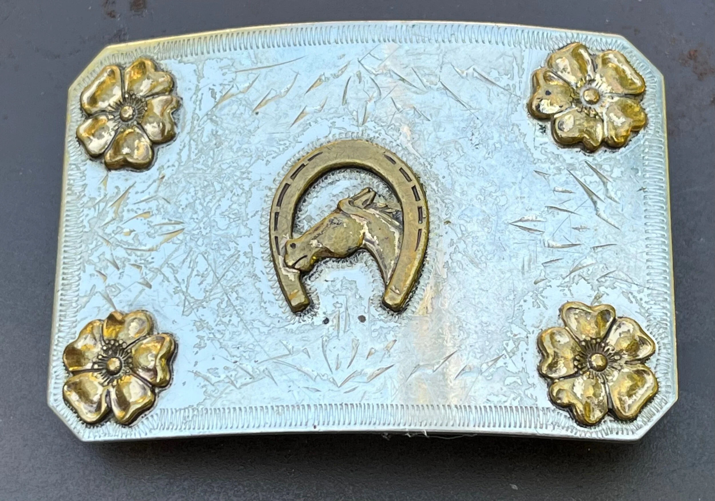 Vgt Ricardo nickel silver and bronze oak leaf western belt buckle. VTG Belt Buckle RICARDO nickel Silver Bronze Trim -FE PAGE  main image 2