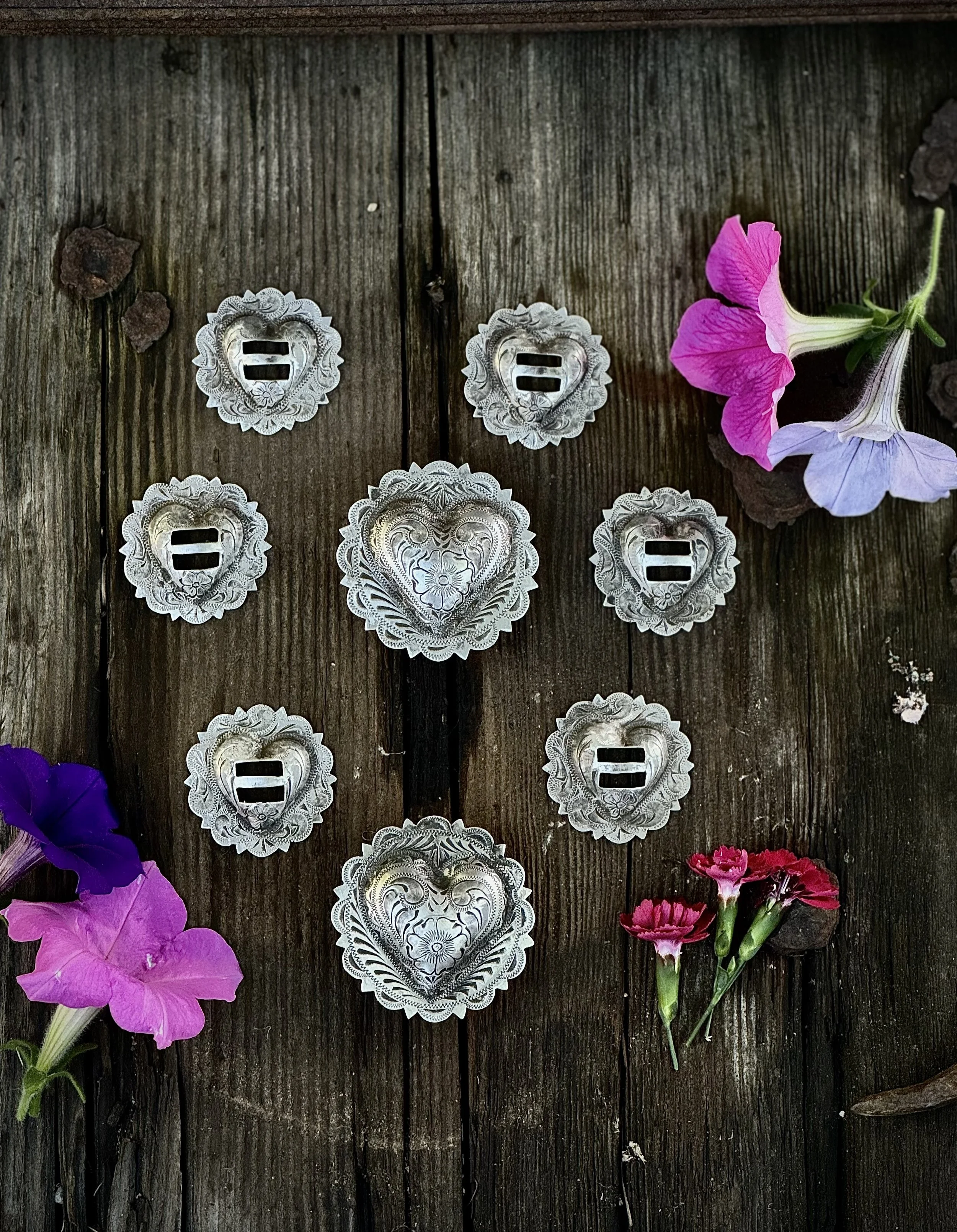 Silver puffed heart sterling silver slotted conchos