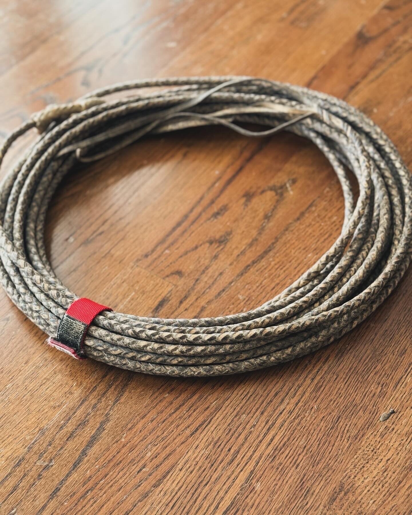55 ft California rawhide reata

California made two tone rawhide reata. 3/8&rdquo; wide and 55 feet long. This four strand reata is in perfect condition. Two of the strings are black hide and make a nice contrast. This reata is the real deal. I purch
