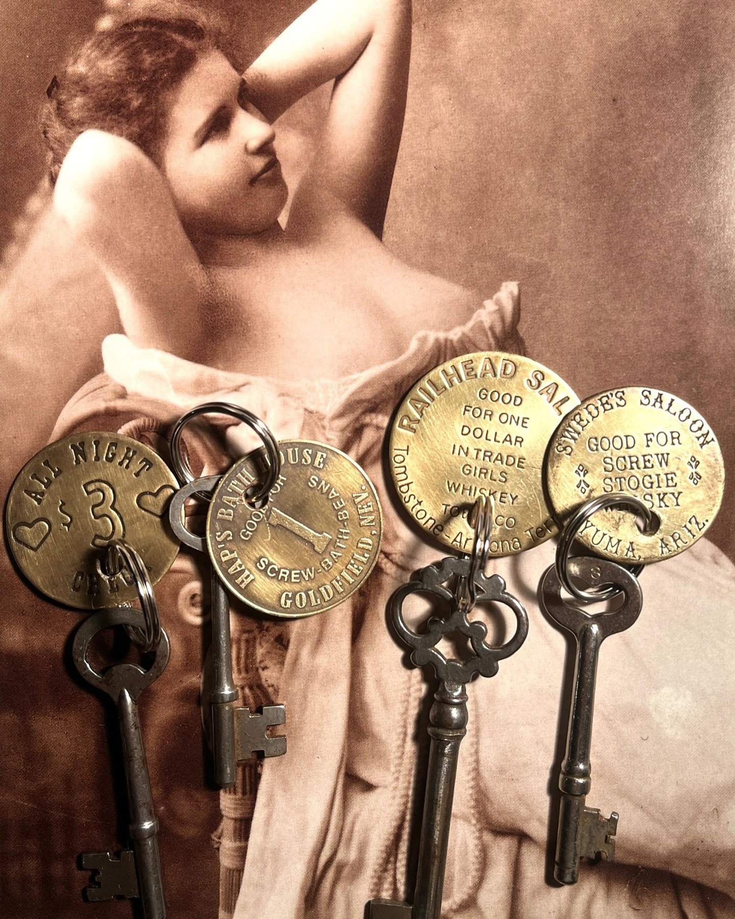 🔑 🥃 Brothel token key fobs 🔑 🥃 
Old brothel token keyfobs from several of the most well known brothels, some still in business and faithfully servicing clients to this day. Each token good for one 🔩. The brothel tokens are solid brass and are or