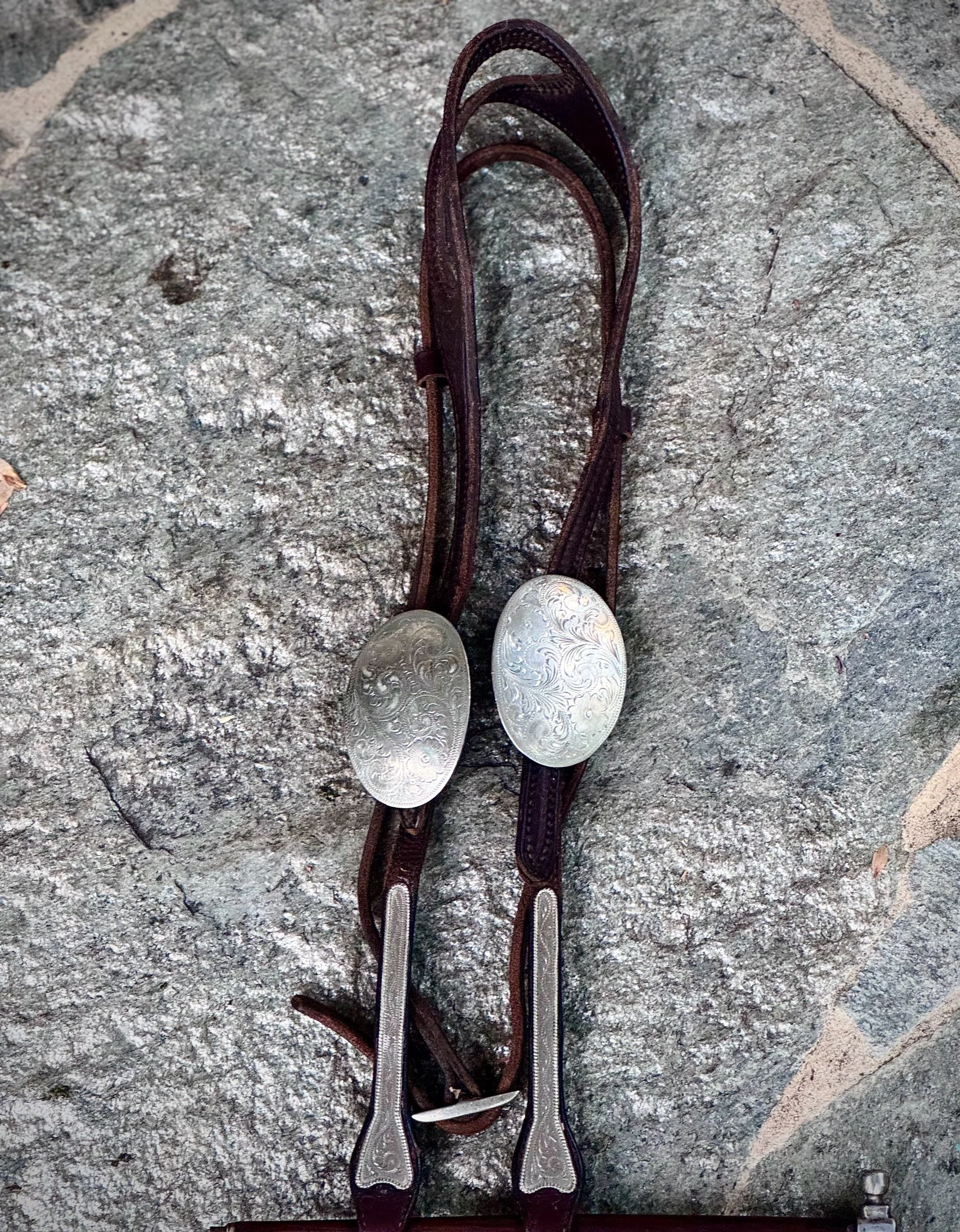 California vintage leather headstall with large silver engraved oval buckles