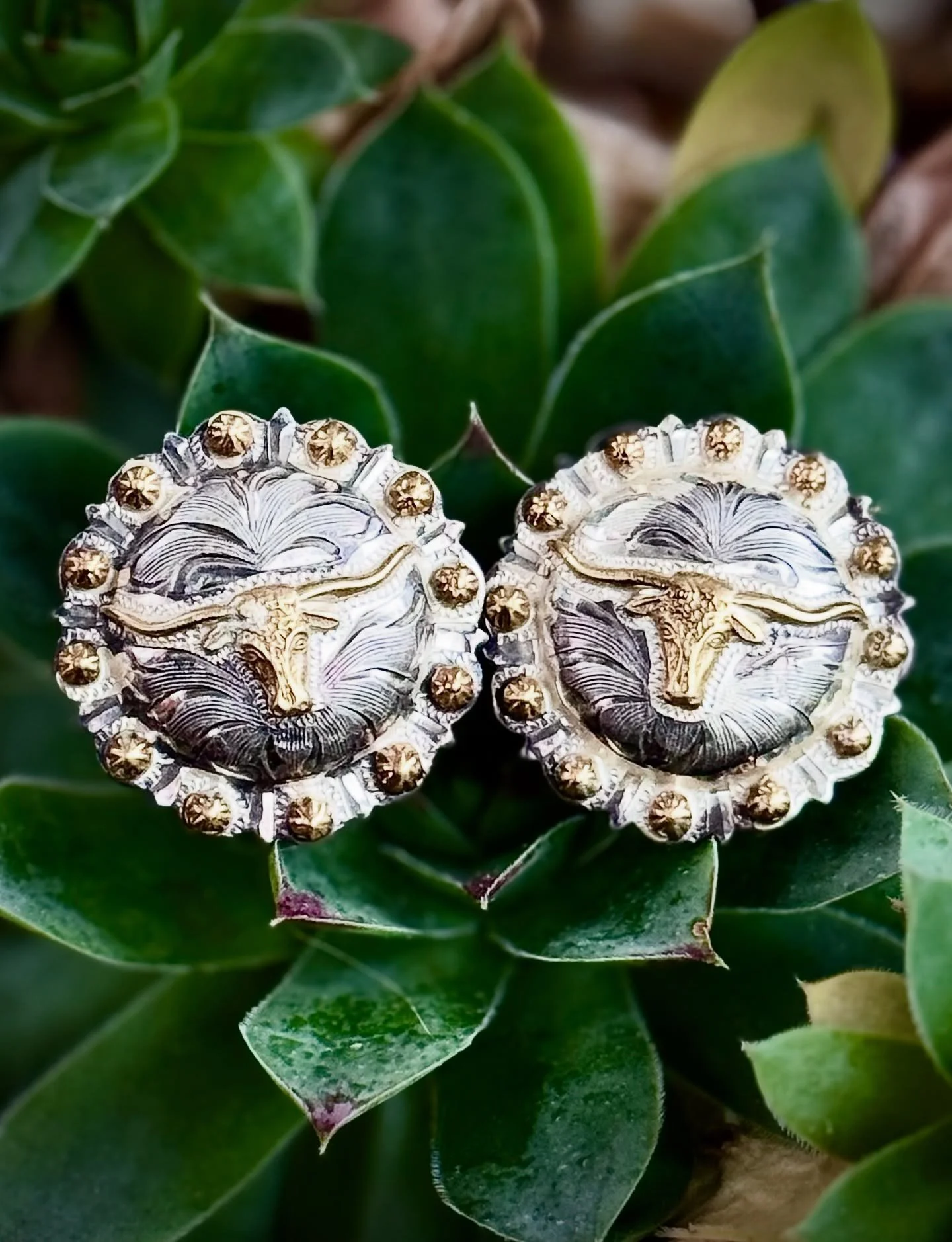 ✨Vintage sterling and gold longhorn concho earrings✨
Available for purchase here: https://theoldspanishtrading.com/silver-buckles-and-conchos/long-horns
Vintage sterling and gold scalloped concho earrings with 14k gold longhorn steers by Mortenson Si