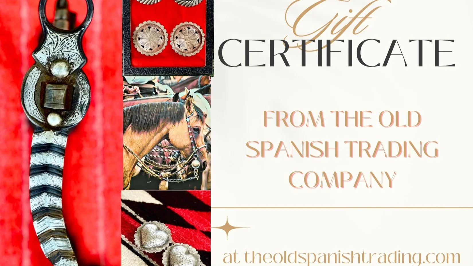 Gift certificates available in amounts of $100. Perfect for giving someone special the gift of a custom bit or pair of spurs, or anything on the website! Available for purchase here: https://theoldspanishtrading.com/custom-bits/gift-cert
