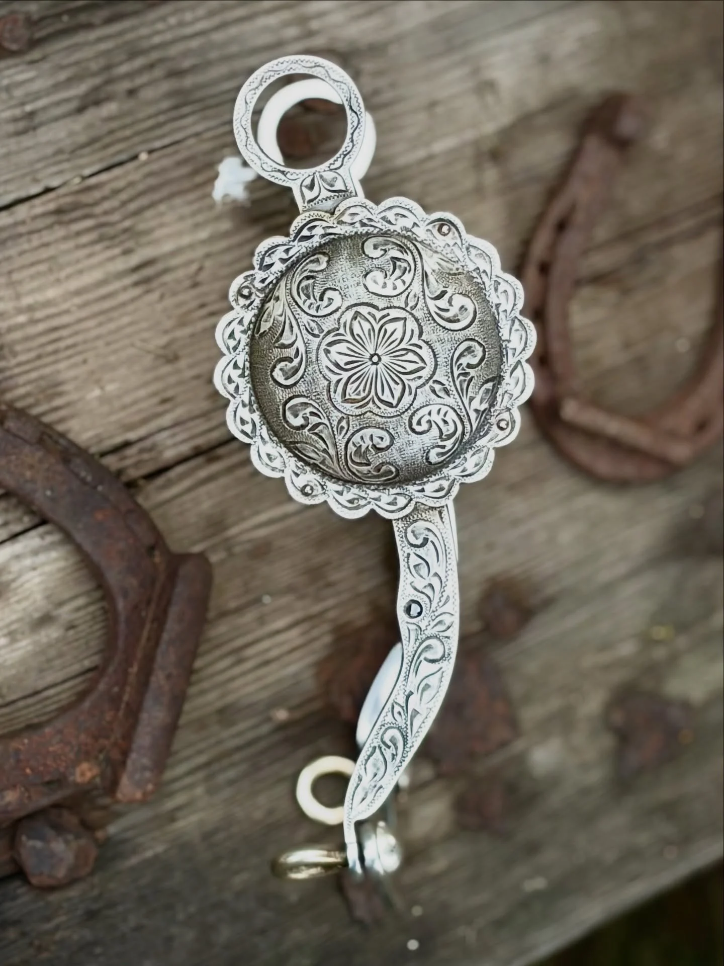 Big Concho bit, with two large 3.5&rdquo; sterling silver single point engraved conchos by Frank Rocha.  This bit is from a 1970s archival collection of silver bridle bits from a Southern California saddlery that closed 20 some years ago.  The Mona L