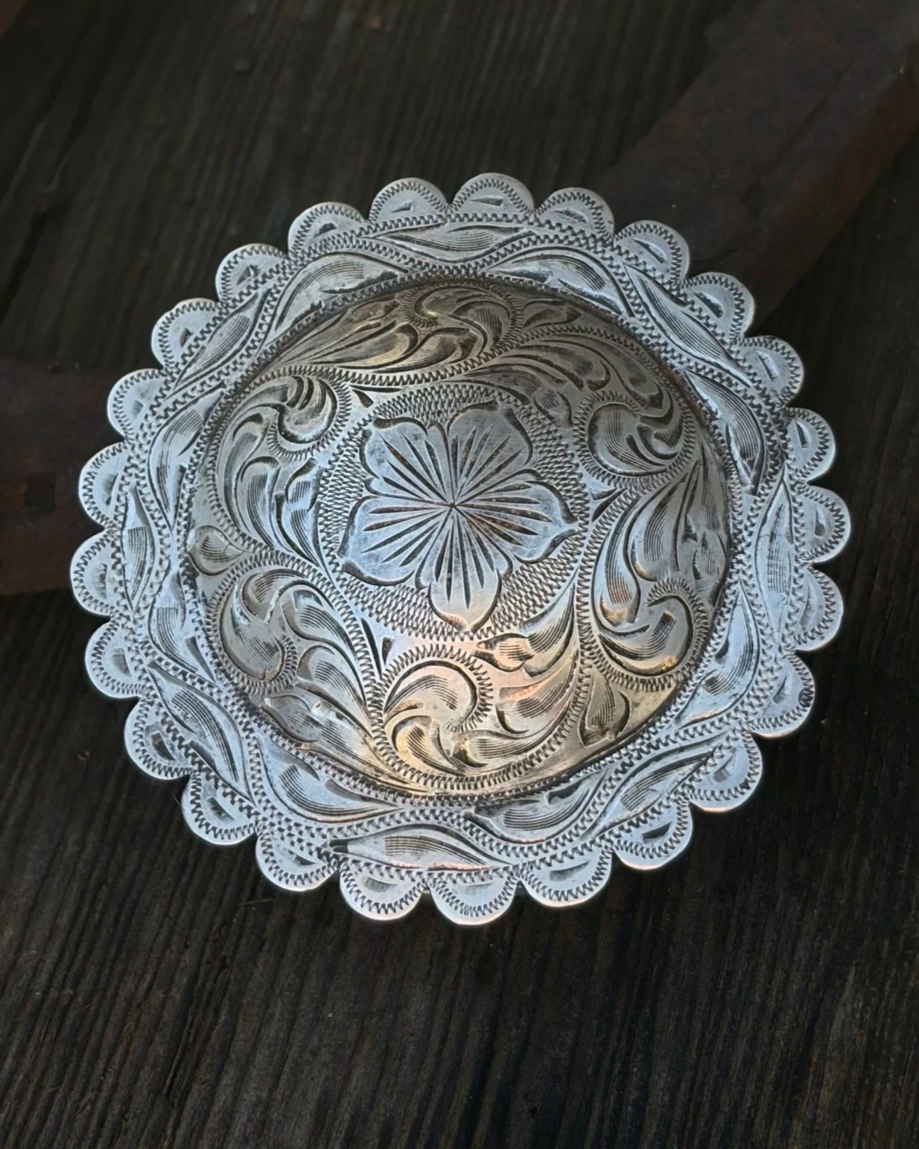 Exquisite Vintage Sterling Silver Martingale / Breastcollar Center Concho

Available here: https://theoldspanishtrading.com/silver-buckles-and-conchos/center-concho 
Very nice floral engraved 3&rdquo; diameter sterling silver concho for a Martingale 