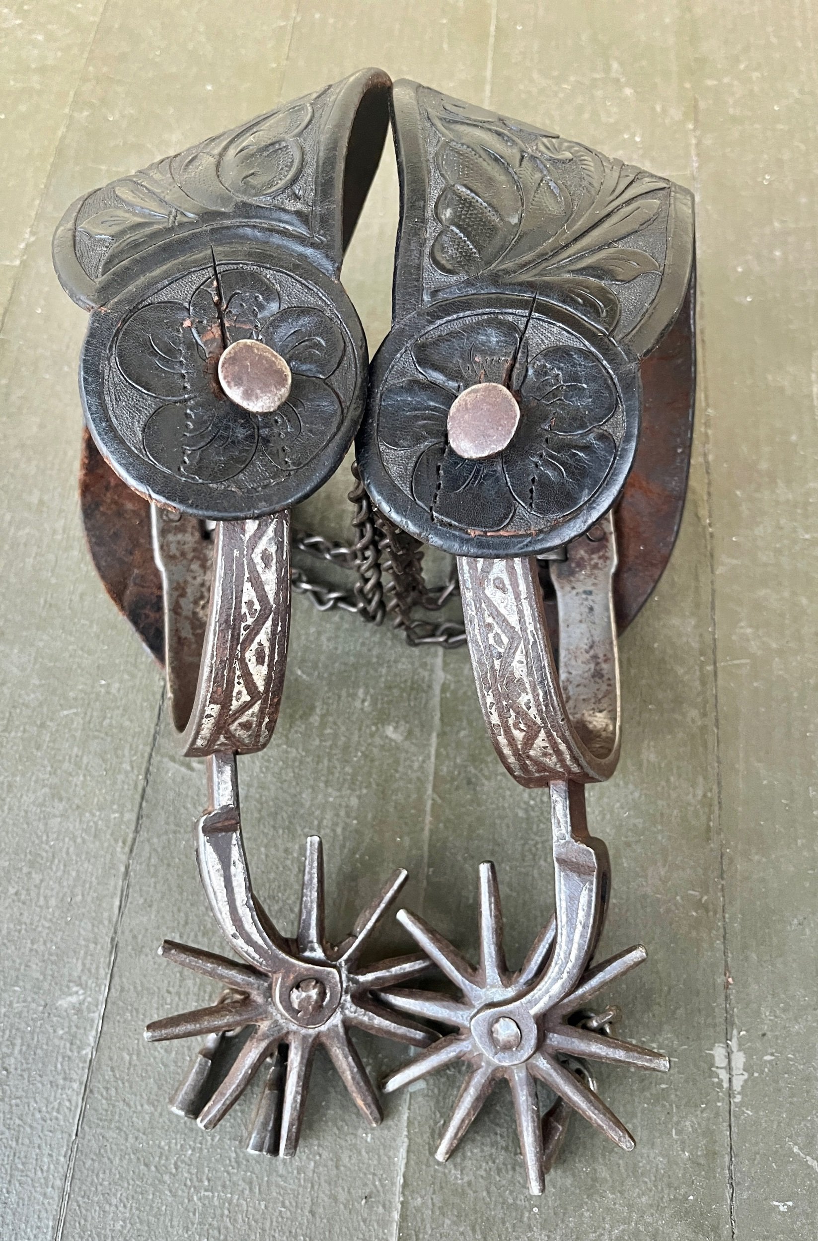 19th Century Double Mounted Transitional Spurs w/ Straps