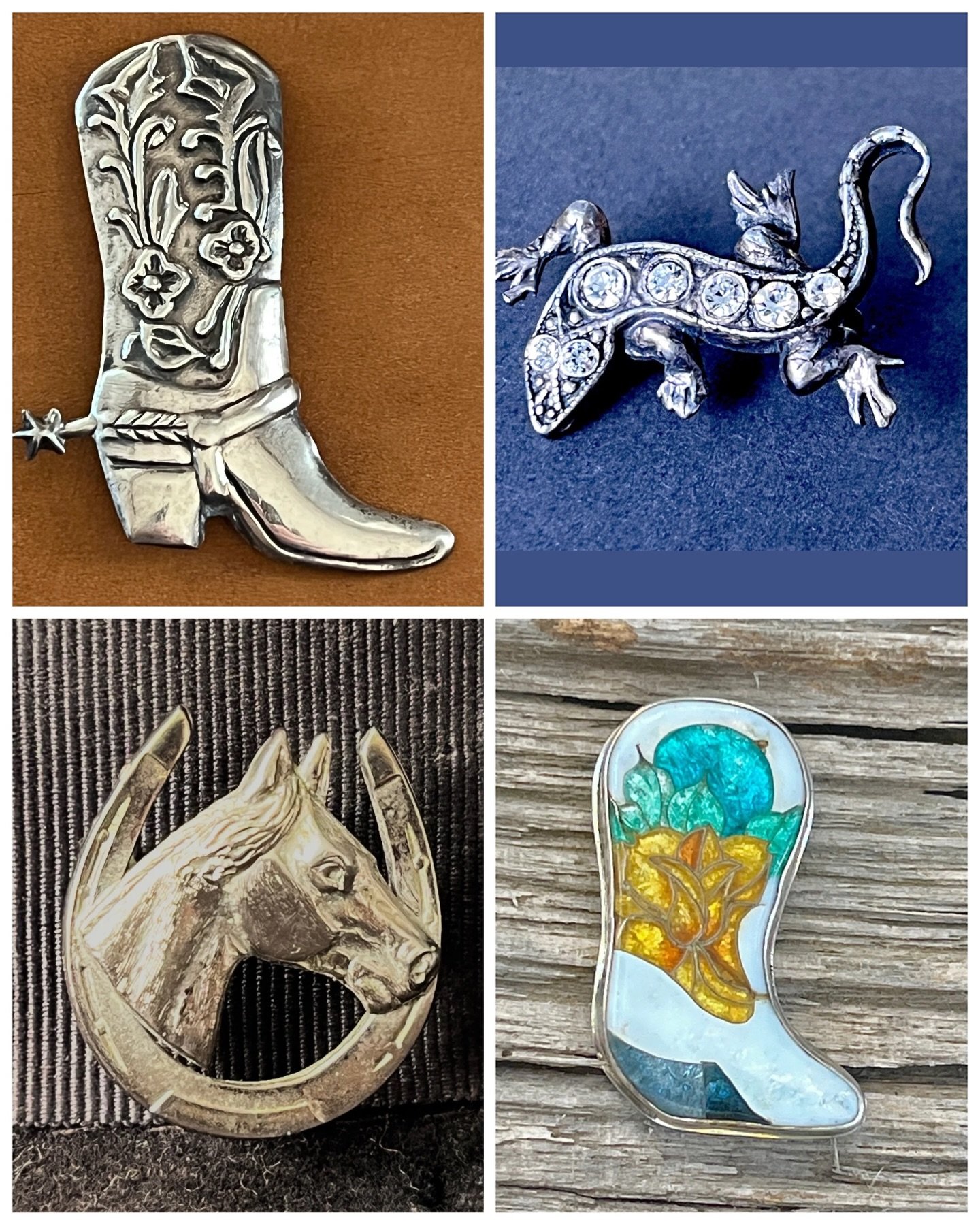 If you&rsquo;re looking for unique gift ideas, I&rsquo;ve got you covered 🎁 I have lots of one of a kind vintage cowboy hat pins in stock and ready to ship. You can find them all at the link in my bio or directly here: https://theoldspanishtrading.c