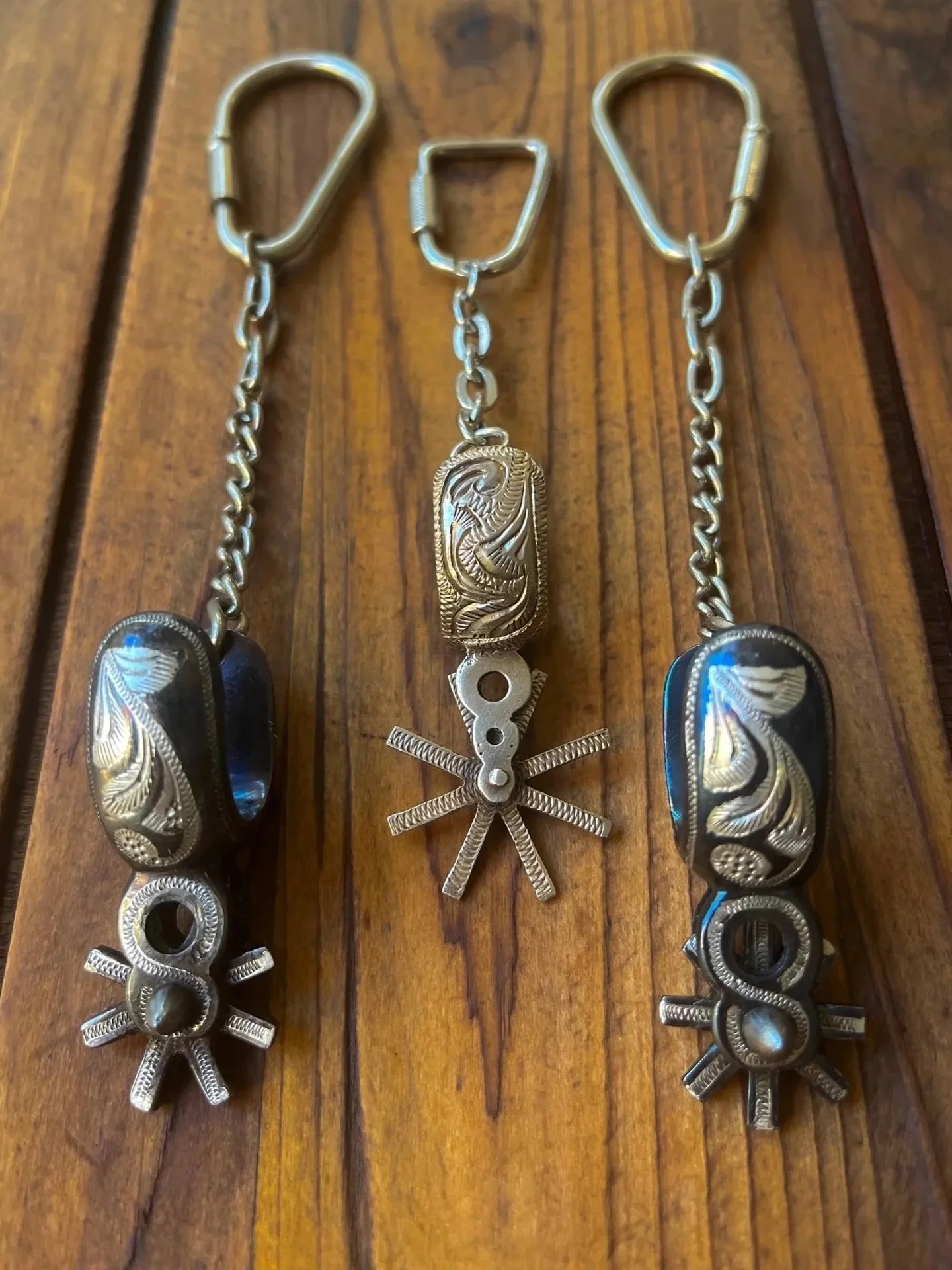 Vintage Sterling Silver Inlaid Spur Keychain

Available for purchase here:  https://theoldspanishtrading.com/pins-fobs/spur-fobs 

Custom 1970&rsquo;s era new old stock from a now out of business California tack shop.  These are works of art!  Each s