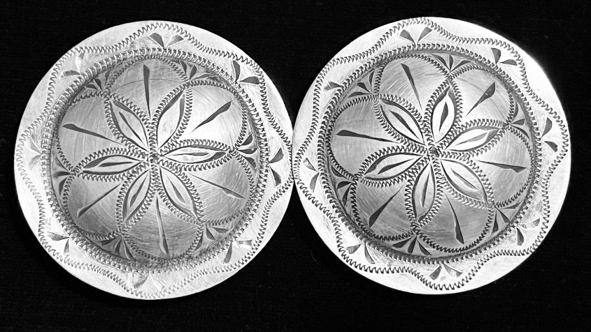 IN STOCK AND READY TO SHIP!  Engraved Western Flower Petal Sterling Silver Bridle / Spur Conchos
Available for purchase here: https://theoldspanishtrading.com/silver-buckles-and-conchos/mj0vzt52e5wptb8b42t5iqecq7fzbl 

Finely hand engraved 6 petal fl