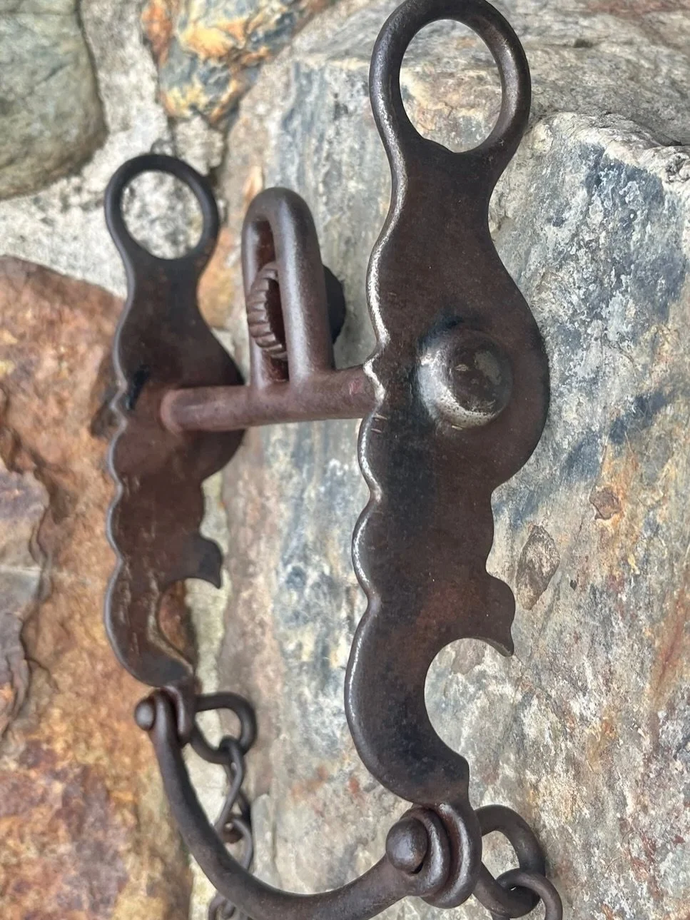 ✨ Early 1900s Antique Maker Marked Buermann Kissing Bird Bit ✨
Available here:  https://theoldspanishtrading.com/bits/d4o4652tgreyaqtfbi3jbhsmodor0f

Classic &ldquo;Star * Marked&rdquo; August Buermann kissing bird bit. Includes original rein chains.