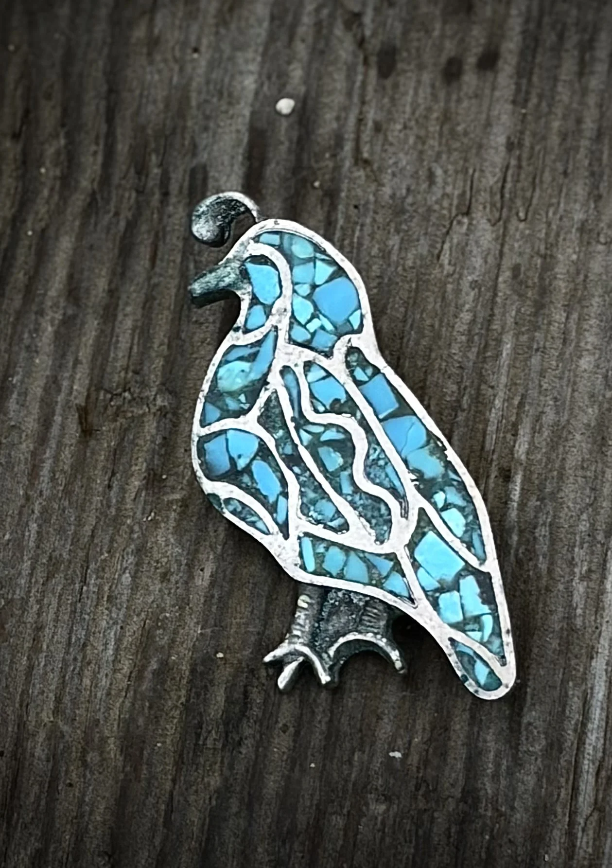 Vintage sterling silver and turquoise inlay California quail hat pin