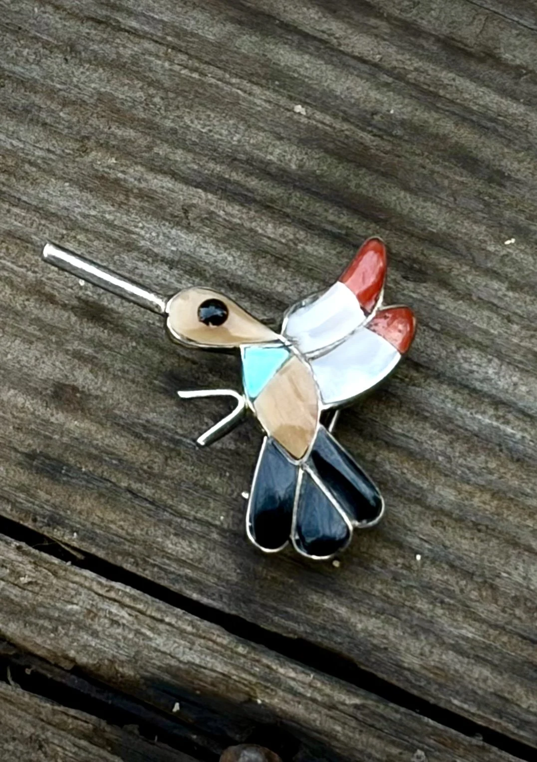 Vintage Zuni Hummingbird pendant/hat pin with sterling silver and inlay of turquoise, onyx, coral, spiny oyster and mother of pearl