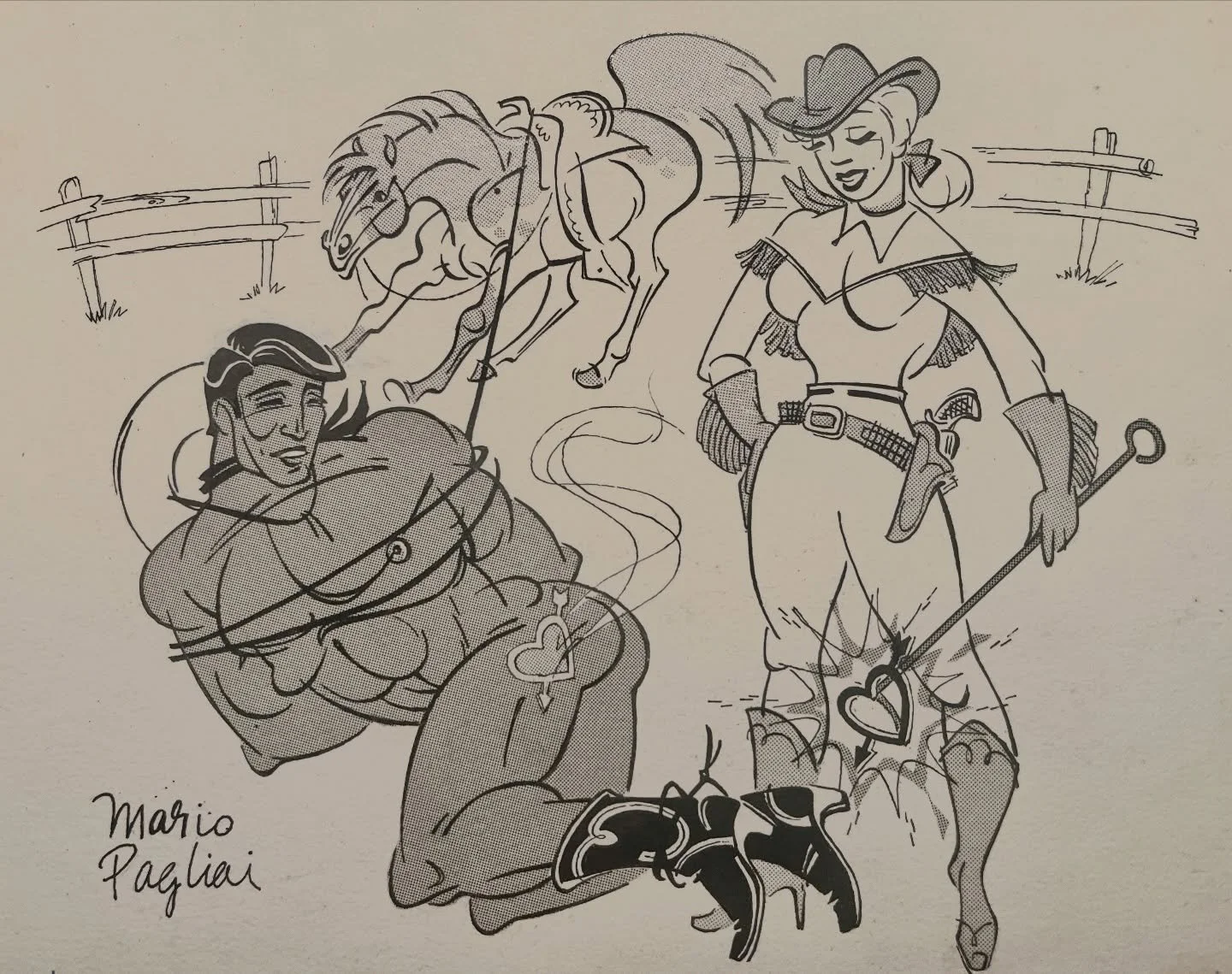 A fun original 1950s sketch by western artist Mario Pagliai