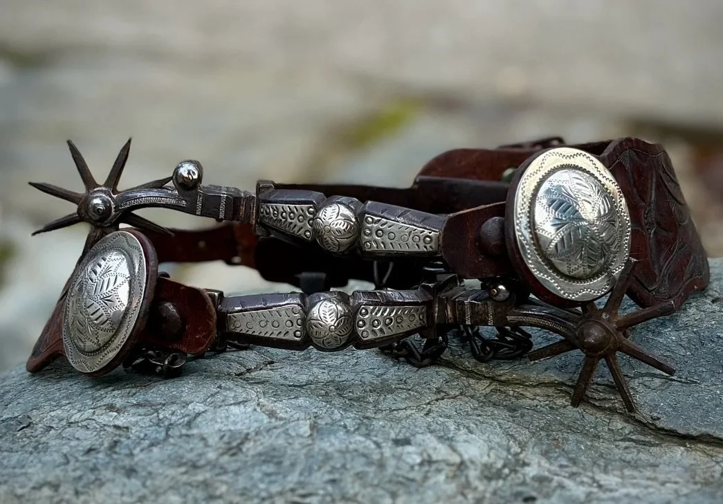 ✨ Exquisite late 1800s double mounted silver transitional spurs with straps and conchos, Tom Hunt?✨
Available here: https://theoldspanishtrading.com/spurs/transitional-espuelas 

Exquisite late 1800s transitional spurs. Also known as Sonoran style sp
