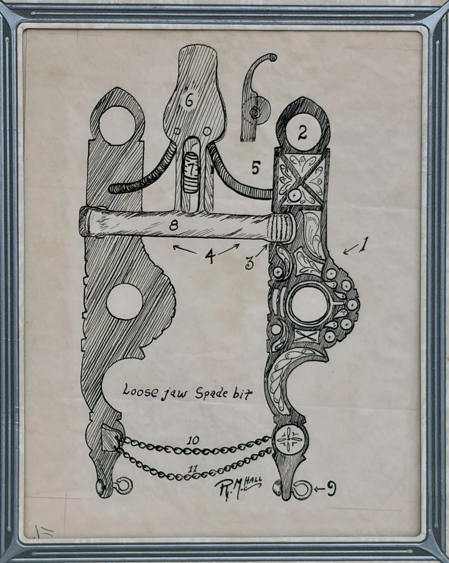 An incredible original drawing of a spade bit by R. M. &ldquo;Bob&rdquo; Hall done circa 1950s.  I was lucky enough to acquire this historical piece of California bridlehorse history. 

The popular and much revered Bob Hall was born in a log cabin in