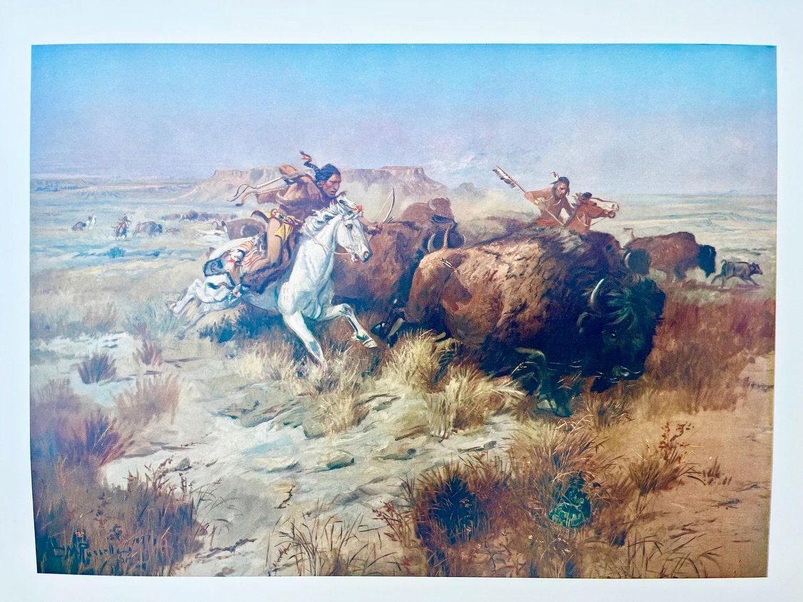 🦬 Vintage 1940&rsquo;s - 1950&rsquo;s Charlie Russell Buffalo Hunt Print 🦬
Available for purchase here: https://theoldspanishtrading.com/antique-western-art/xhlwo2b4vadpskn3l5cxsruzlrxddn 

Vintage print of the Charlie Russell oil &ldquo;Buffalo Hu
