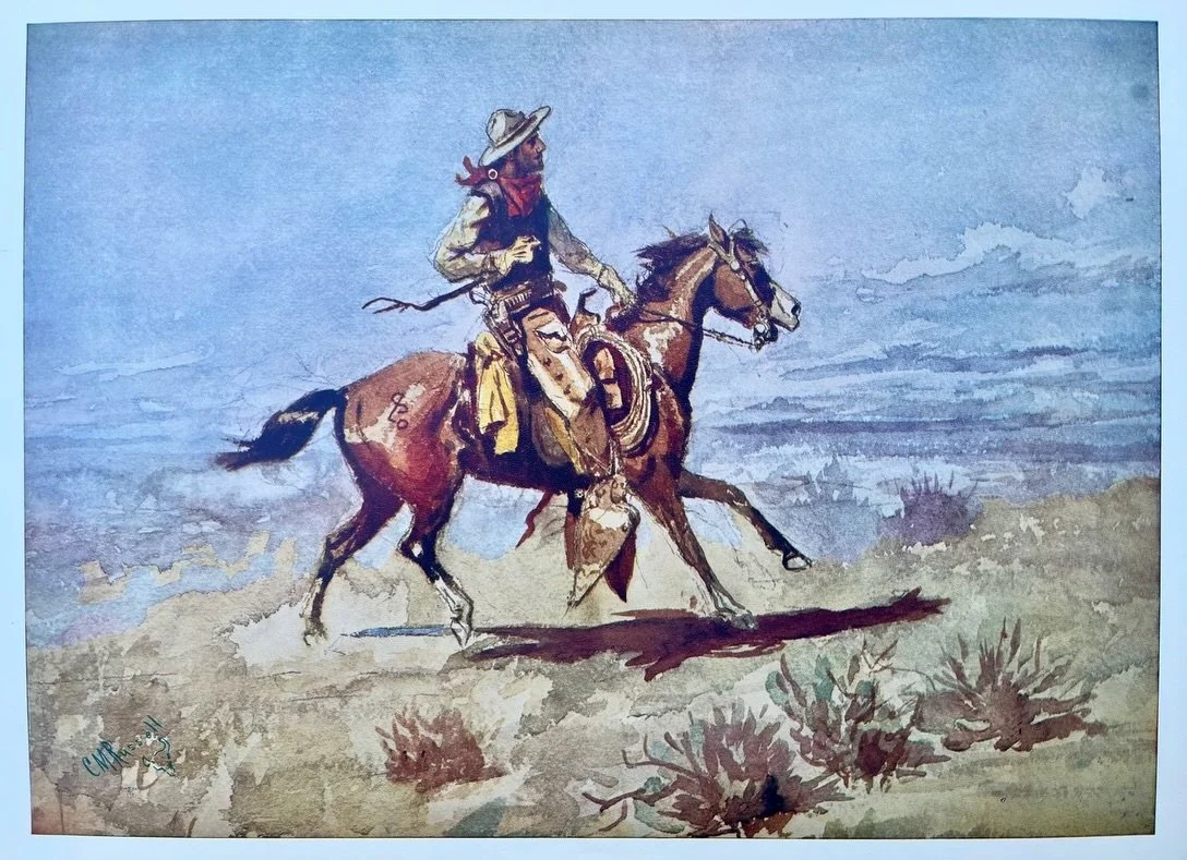 Vintage 1940&rsquo;s - 1950&rsquo;s Charlie Russell California Cowboy Print
Available for purchase here: https://theoldspanishtrading.com/antique-western-art/q0kxe3hg9kdz90aqceshm7ft5q4rbp

Vintage large size (19&rdquo; x 12&rdquo;) C.M. Russell lith
